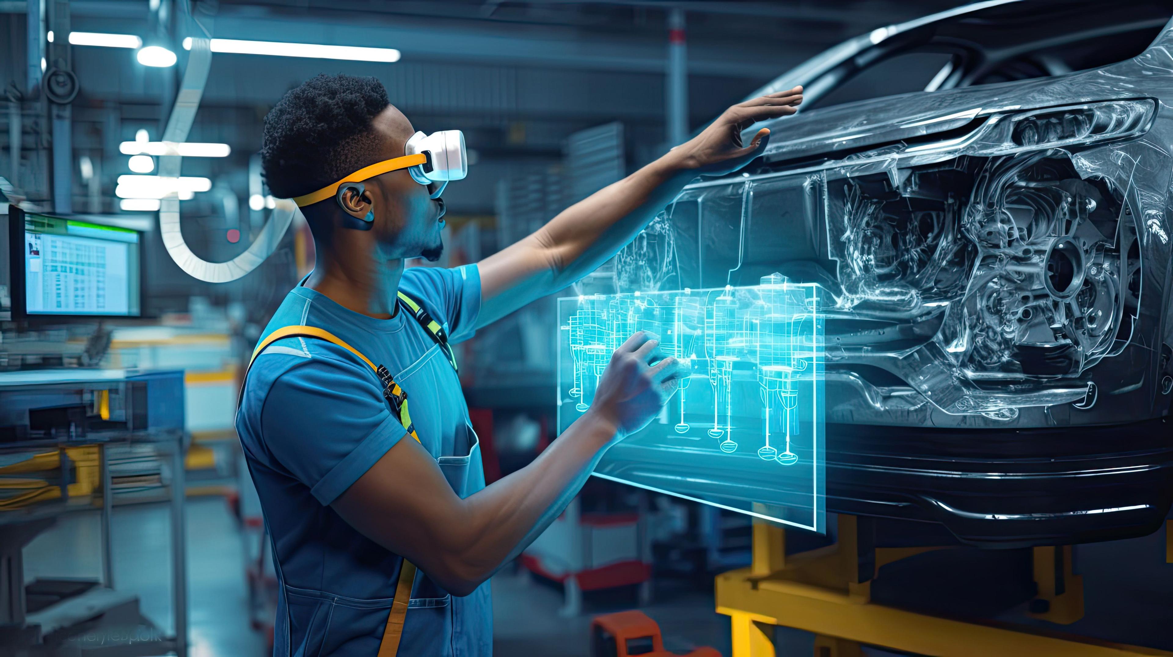 Man looking at digital screen and AR glass while looking at an automobile