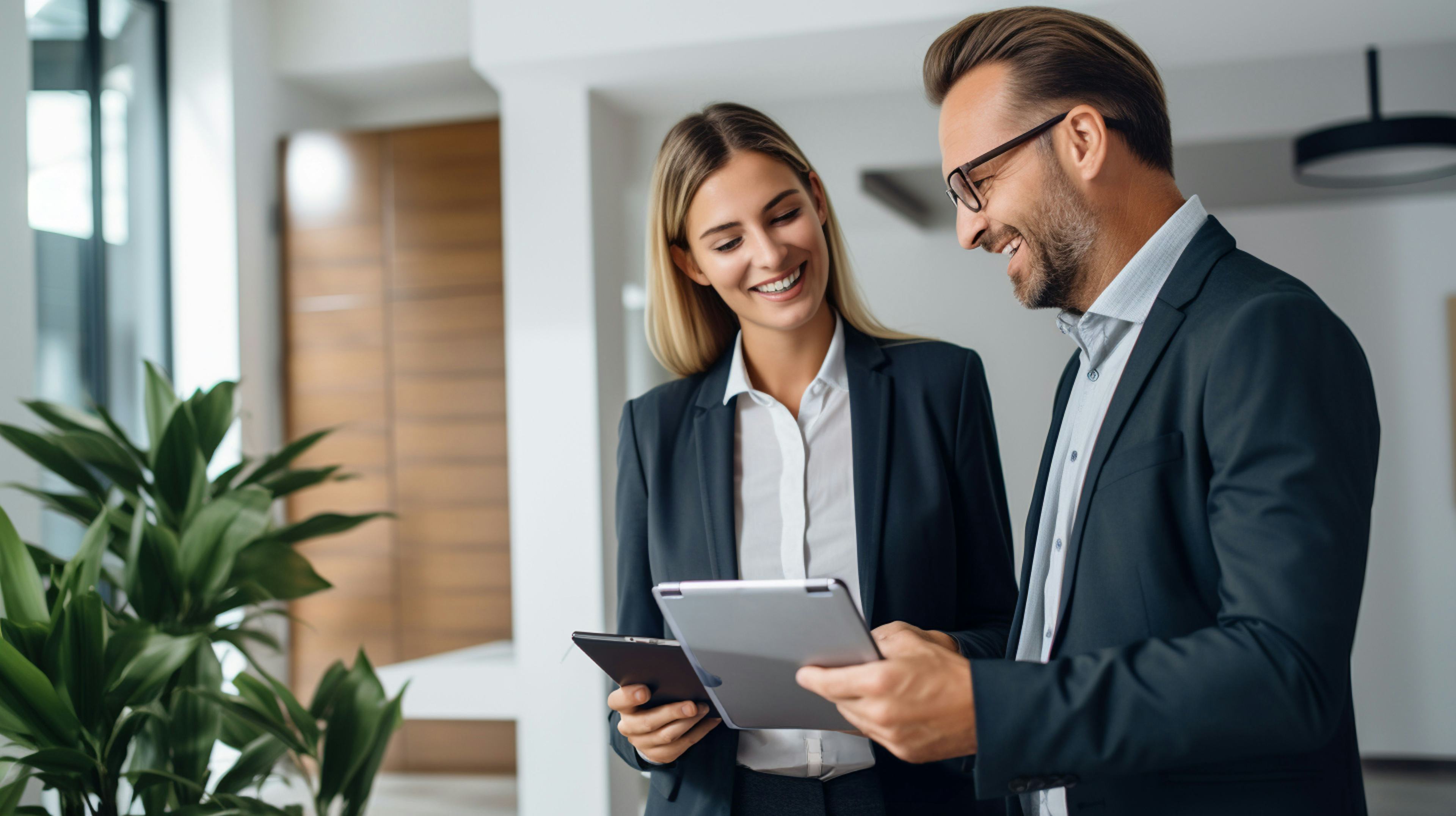 Two people looking at tablet device