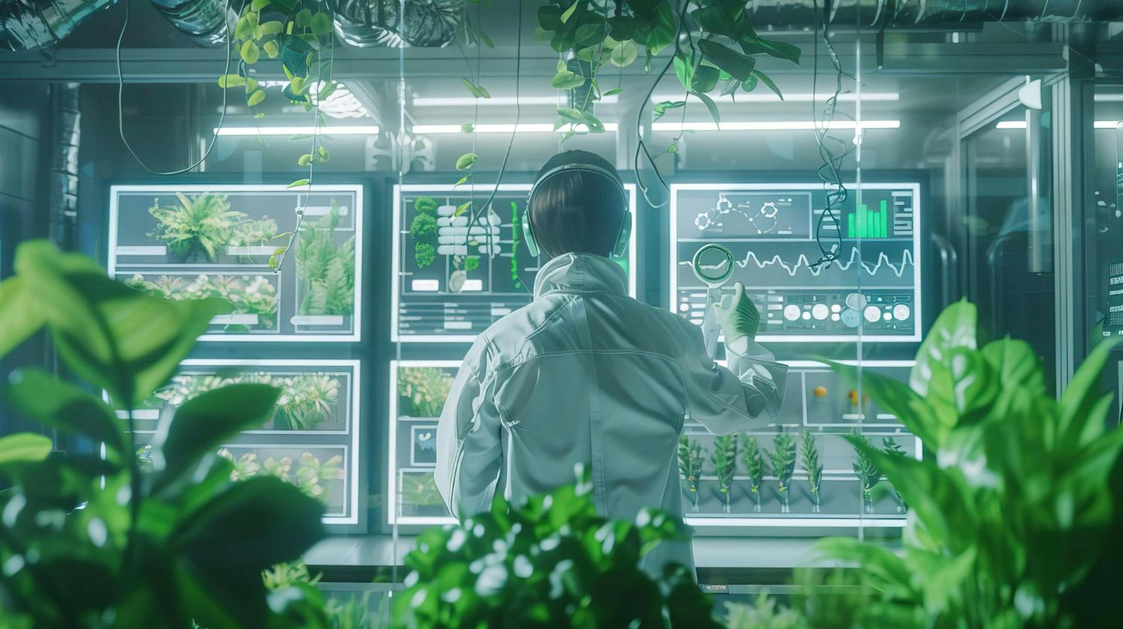 Engineer examining sustainable materials in a hightech lab