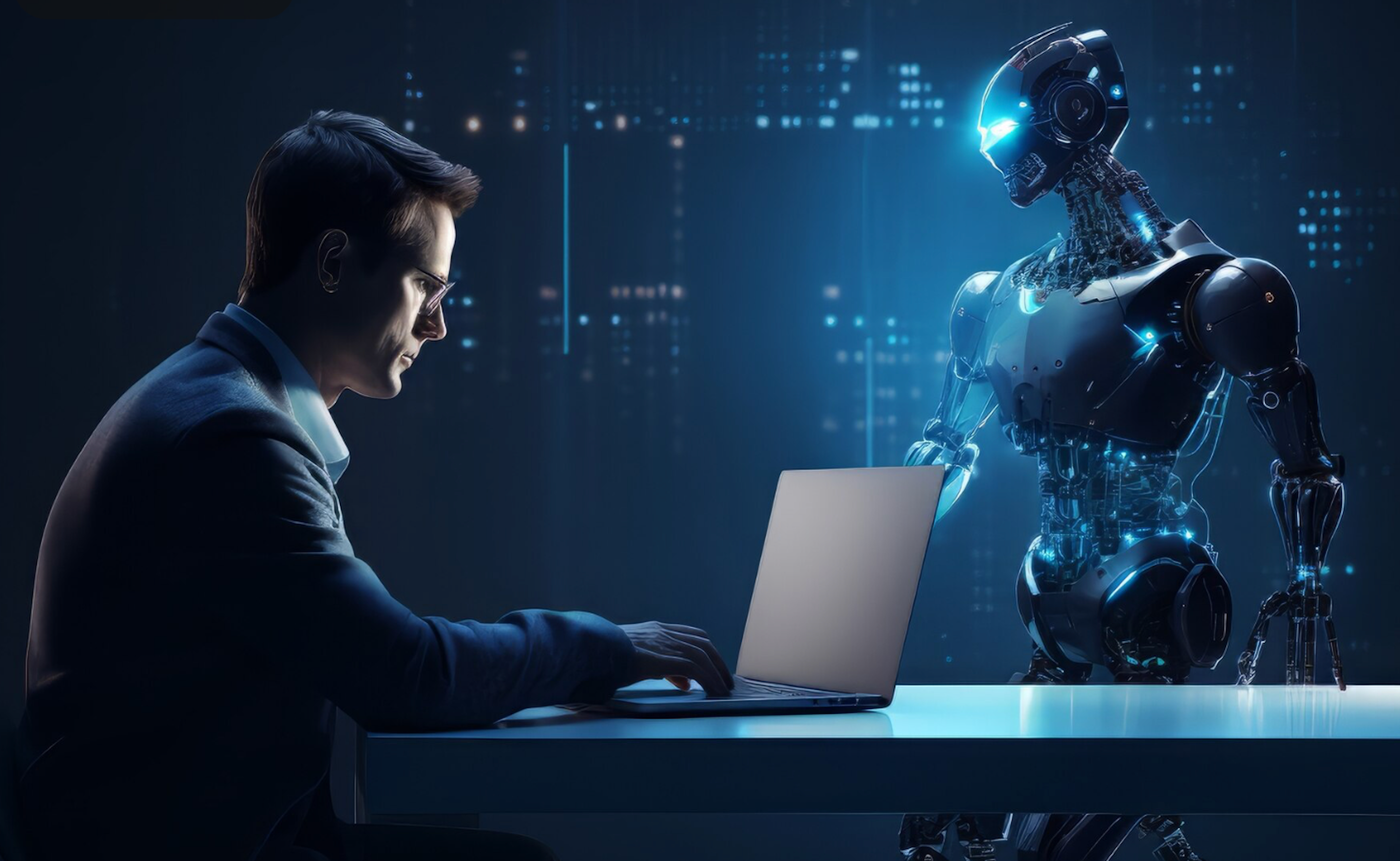 robot standing across from professional using a laptop