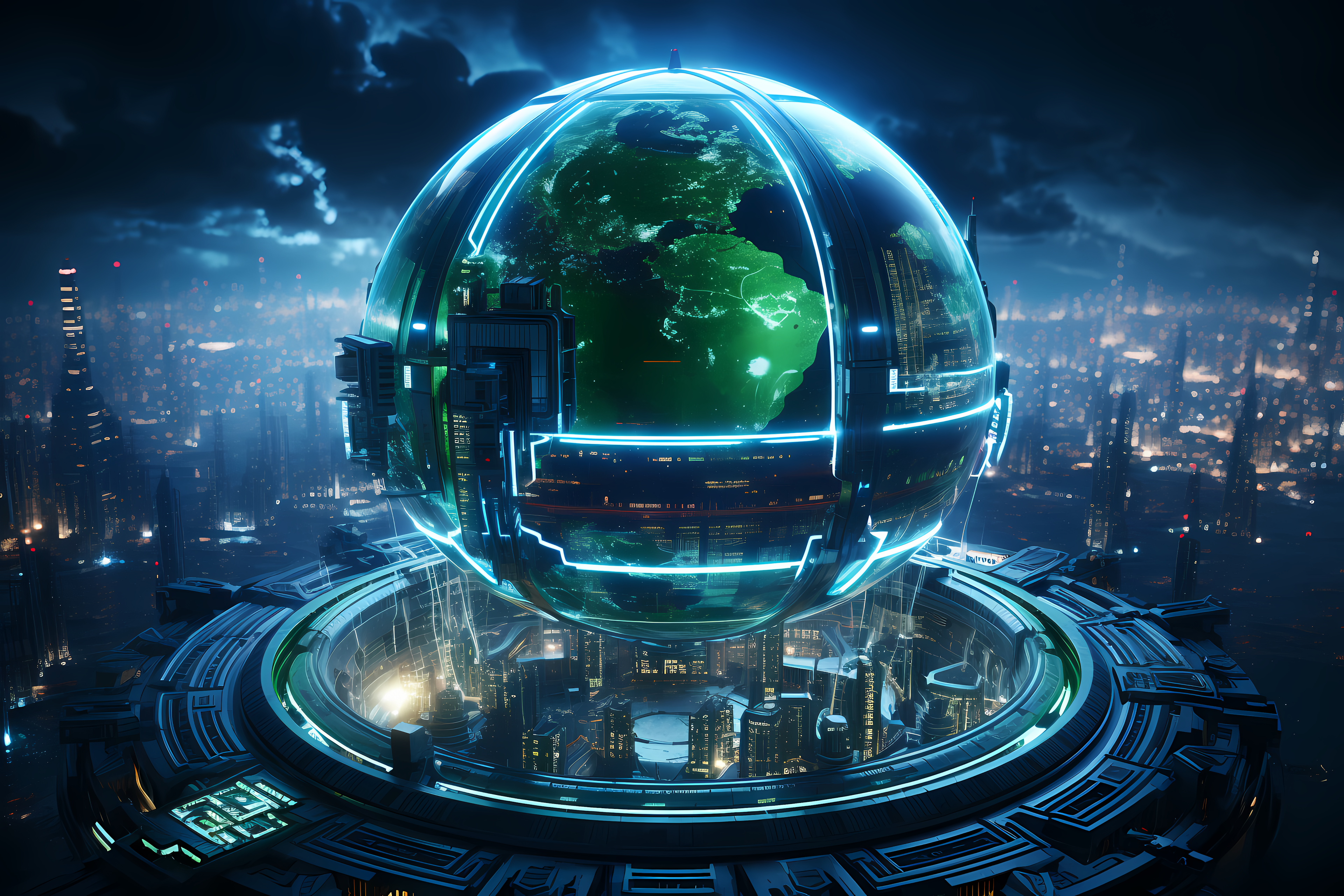 globe surrounded by futuristic city