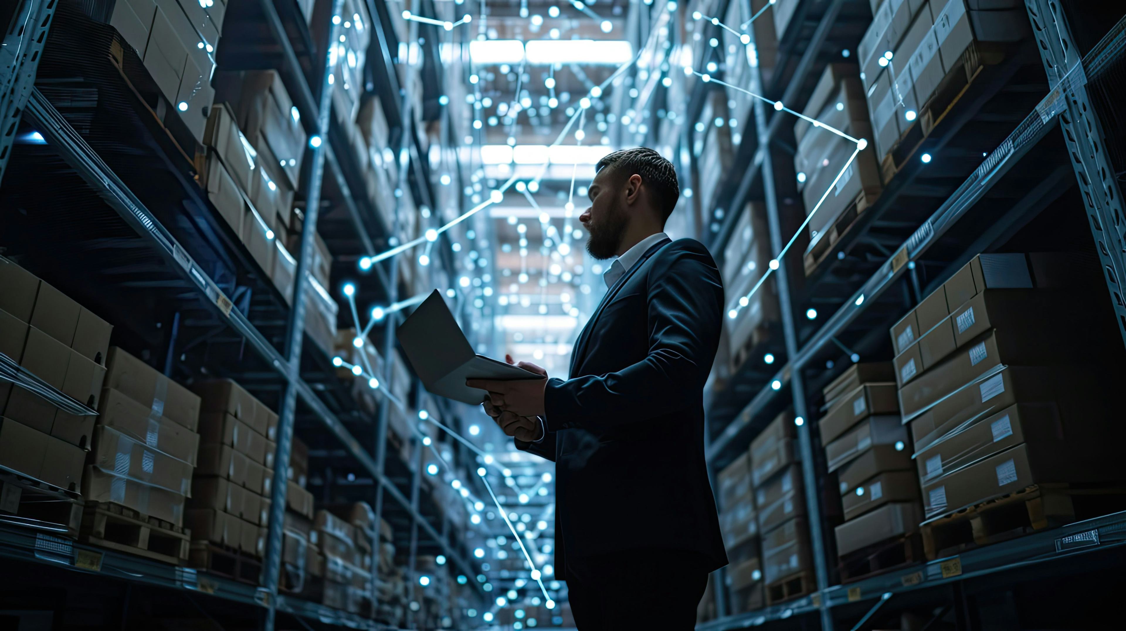 man standing in warehouse holding laptop