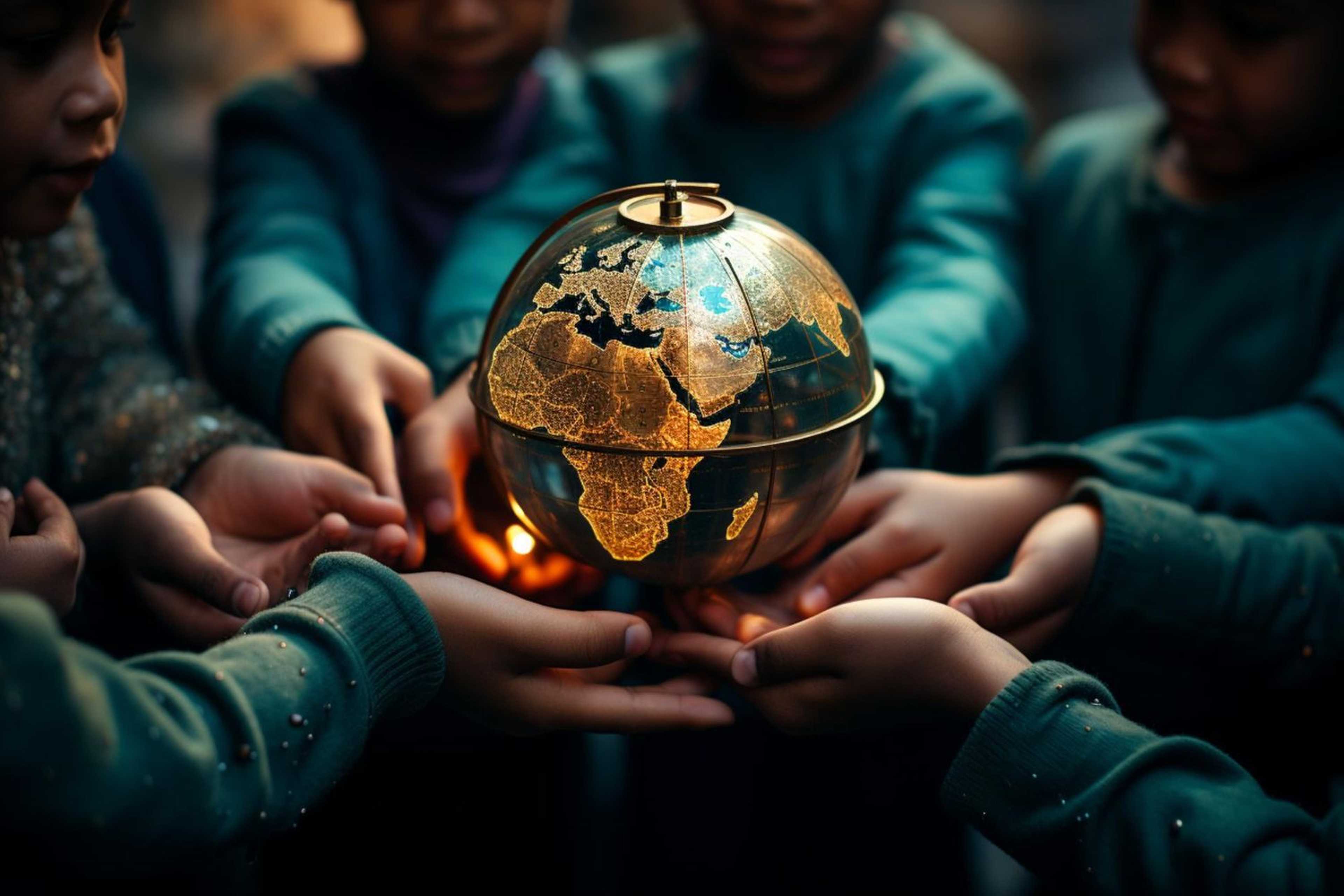 A group of people holding a globe with the world around it symbolizing peace