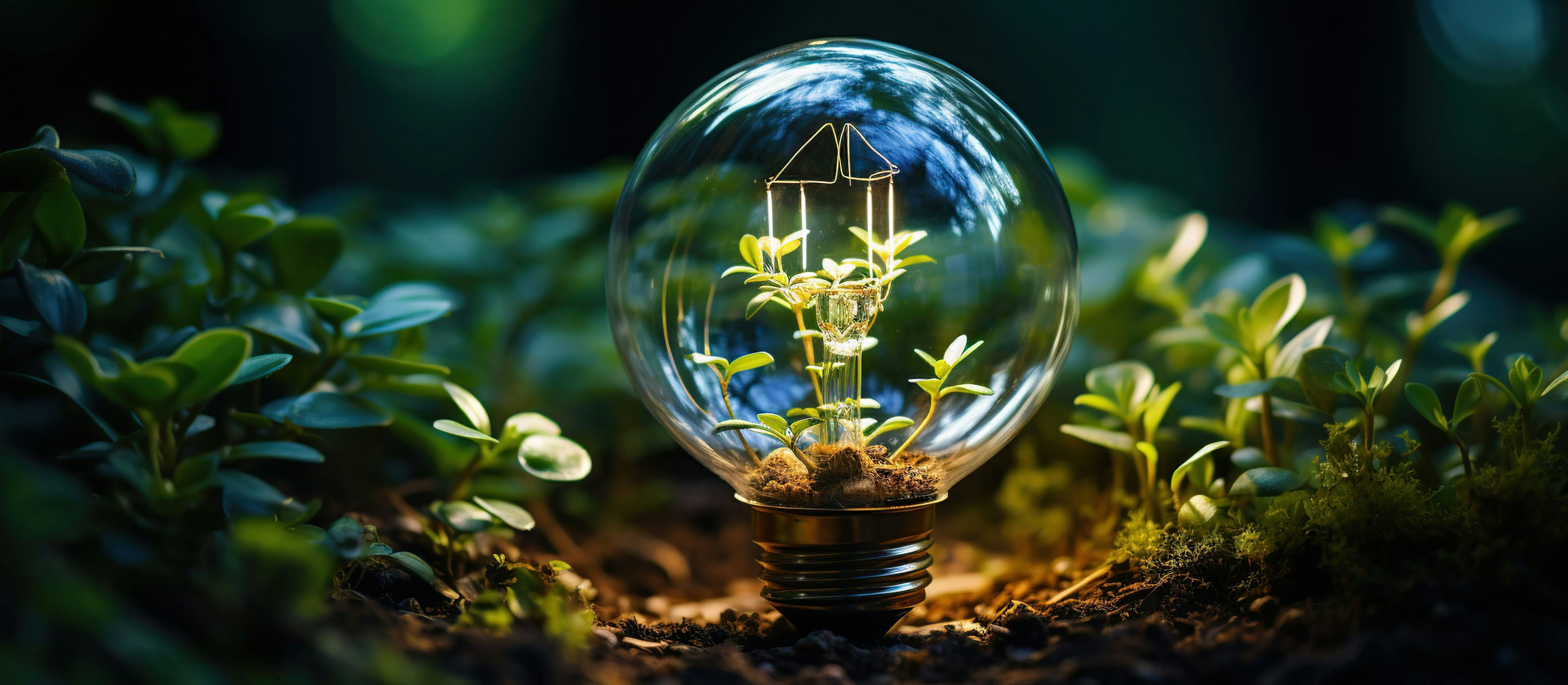 Light bulb with green sprout growing inside