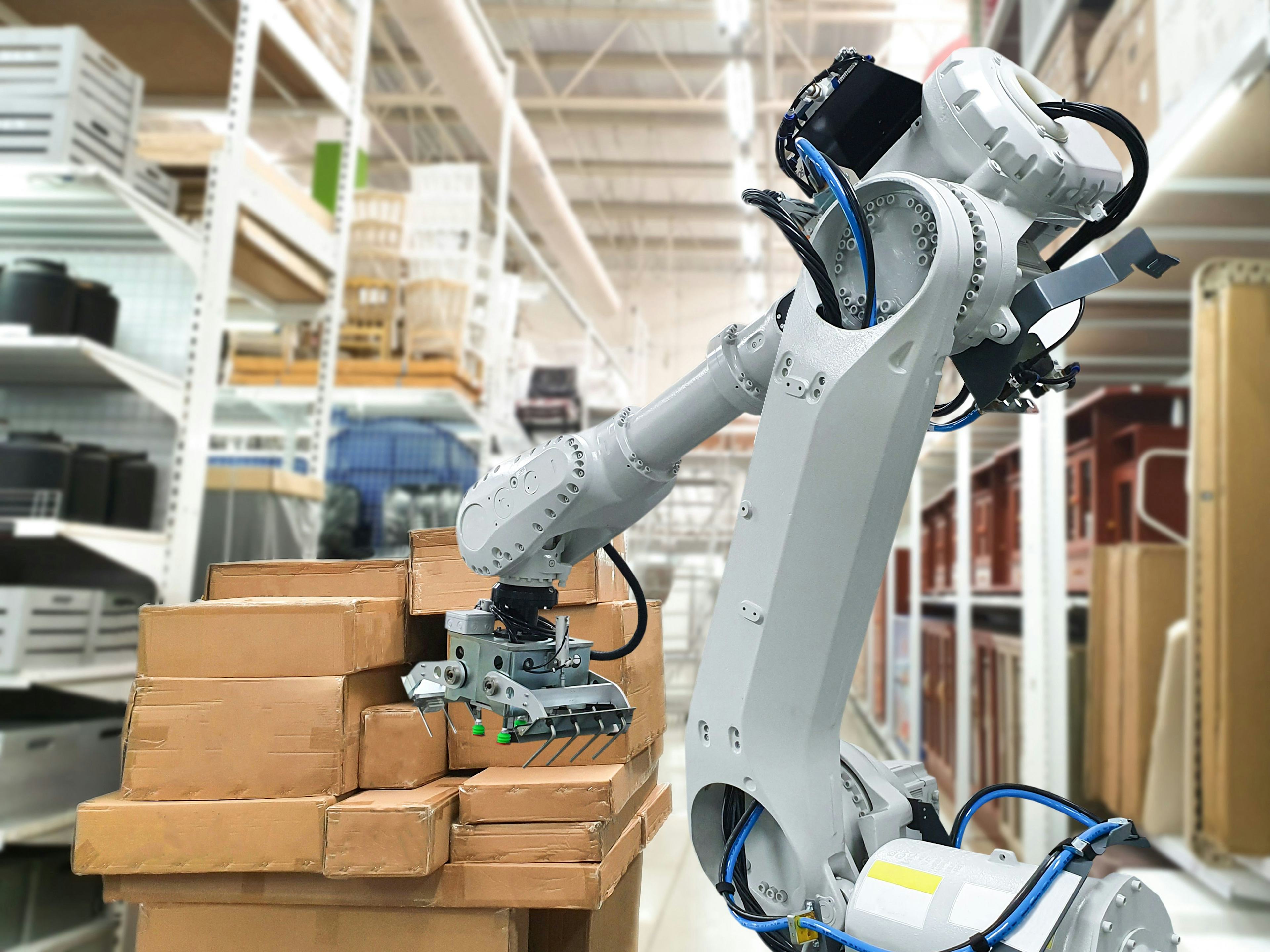 Industrial robotic arm loading carton for holding a package