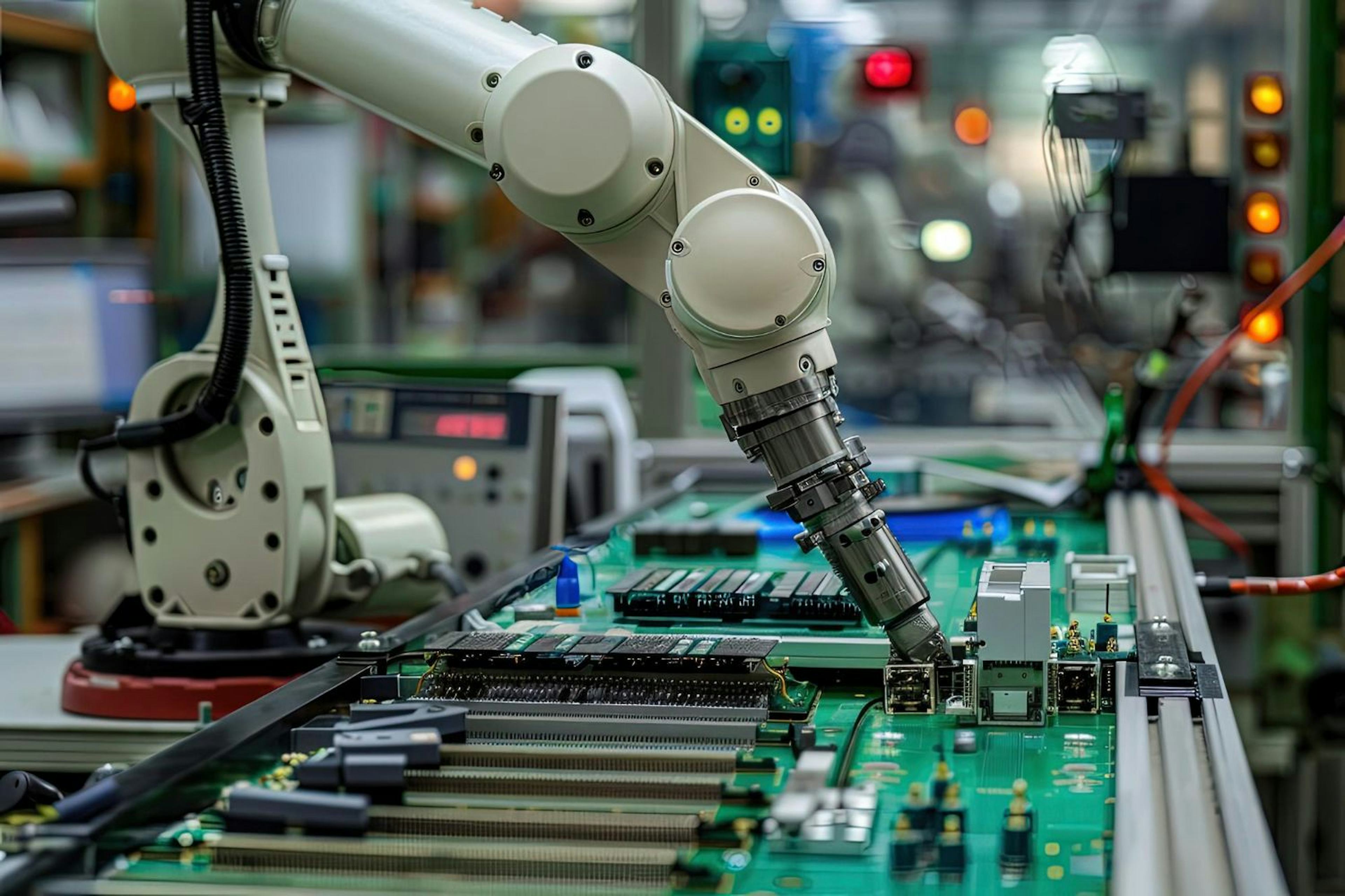 A robotic arm working on a motherboard in a factory