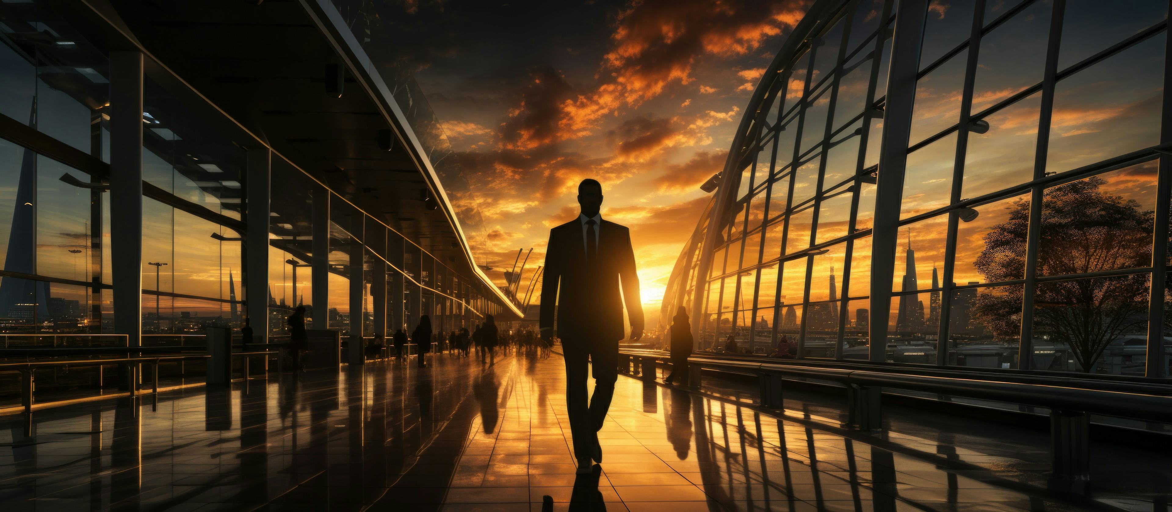 Businessman walking at sunset with cityscape