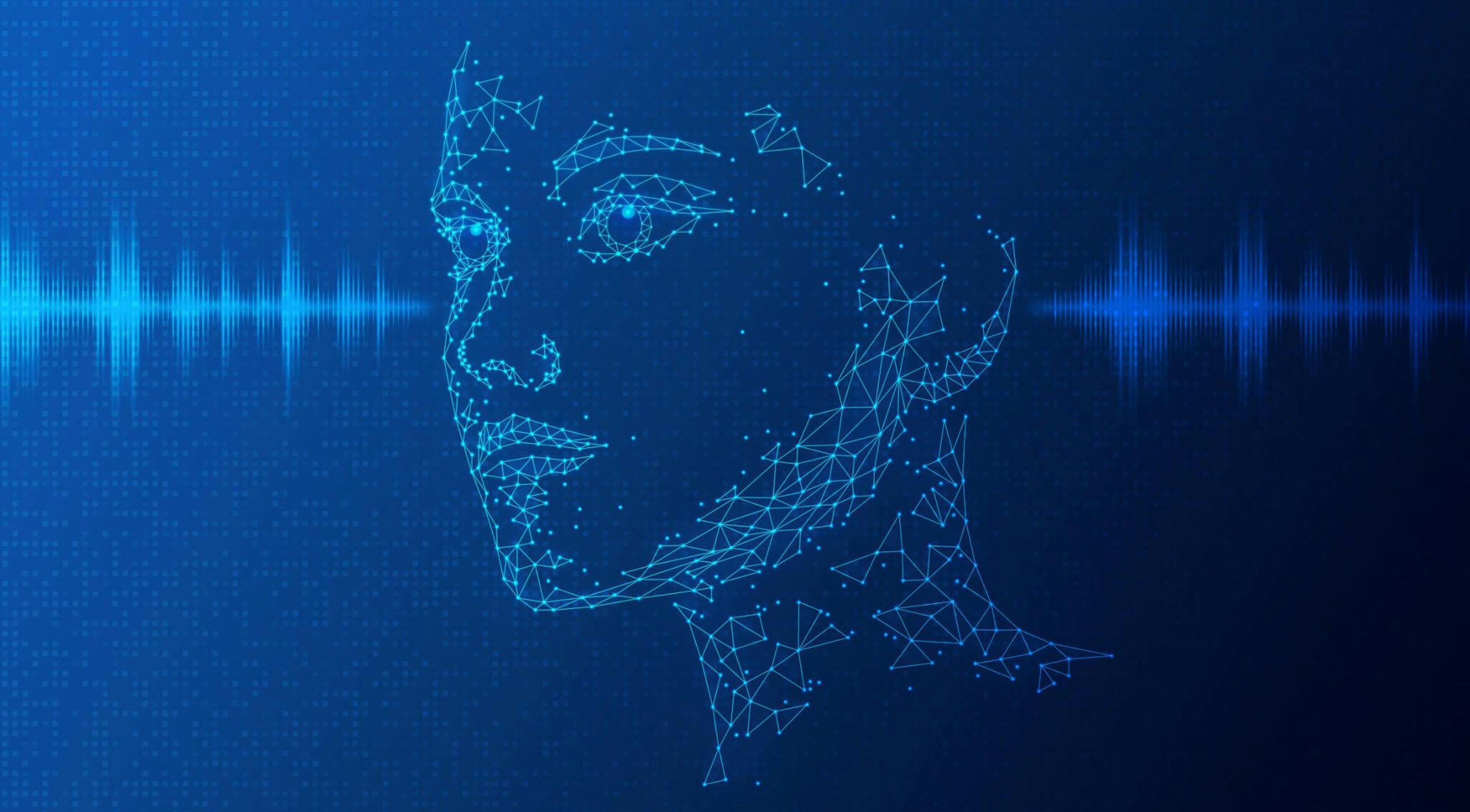 A wireframe digital face with audio waves