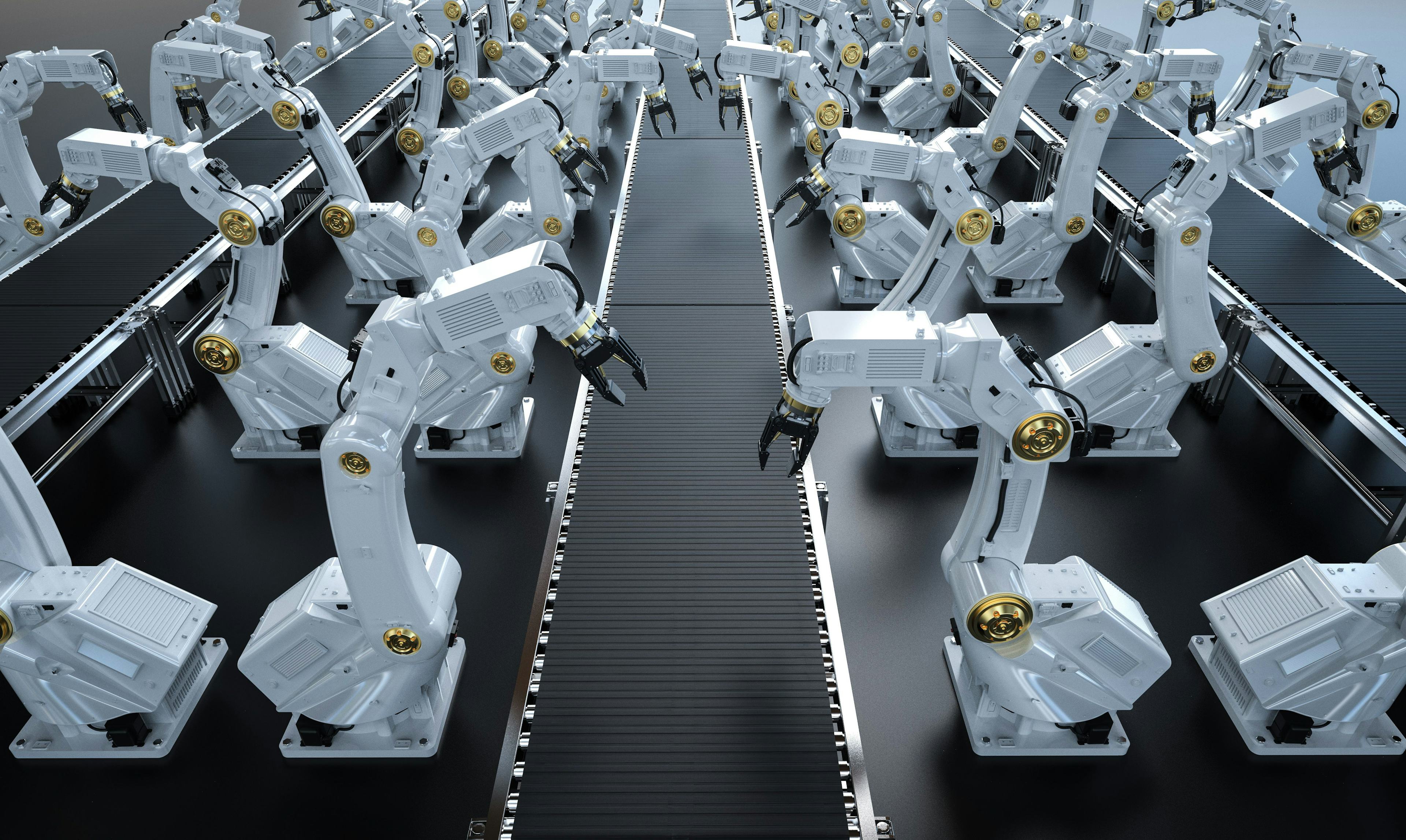 Automation industry concept with 3d rendering robot assembly line in factory