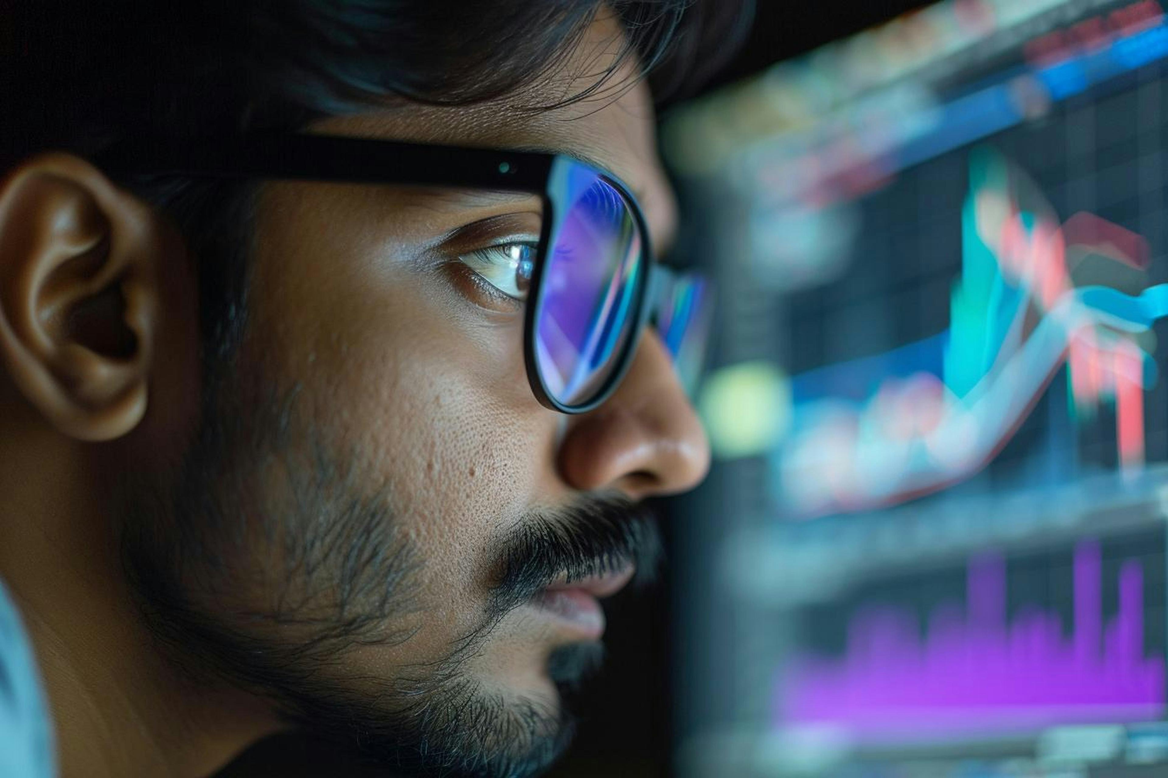 Man wearing glasses looking at computer screen