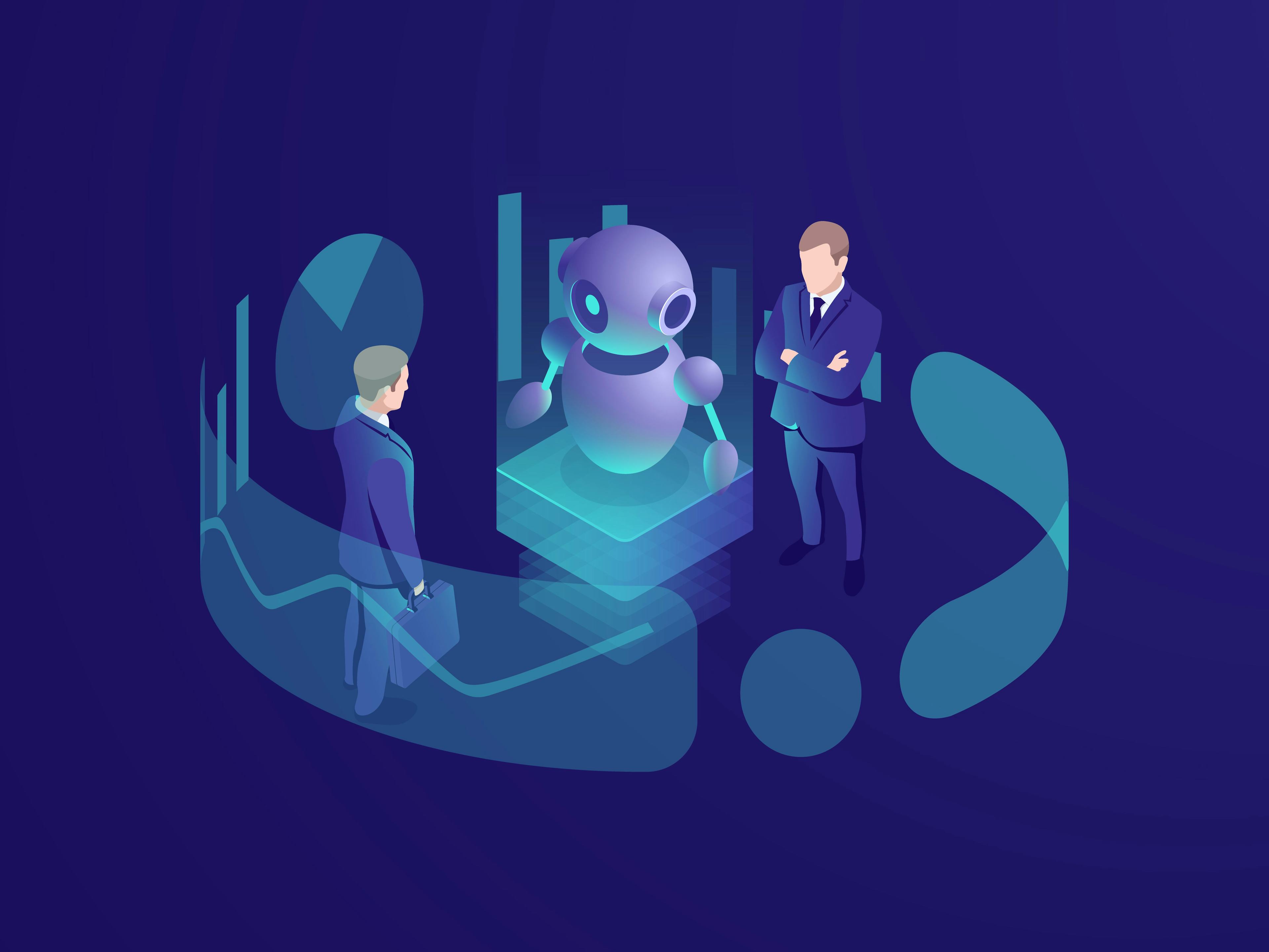 Two businessmen and a robot with a futuristic display