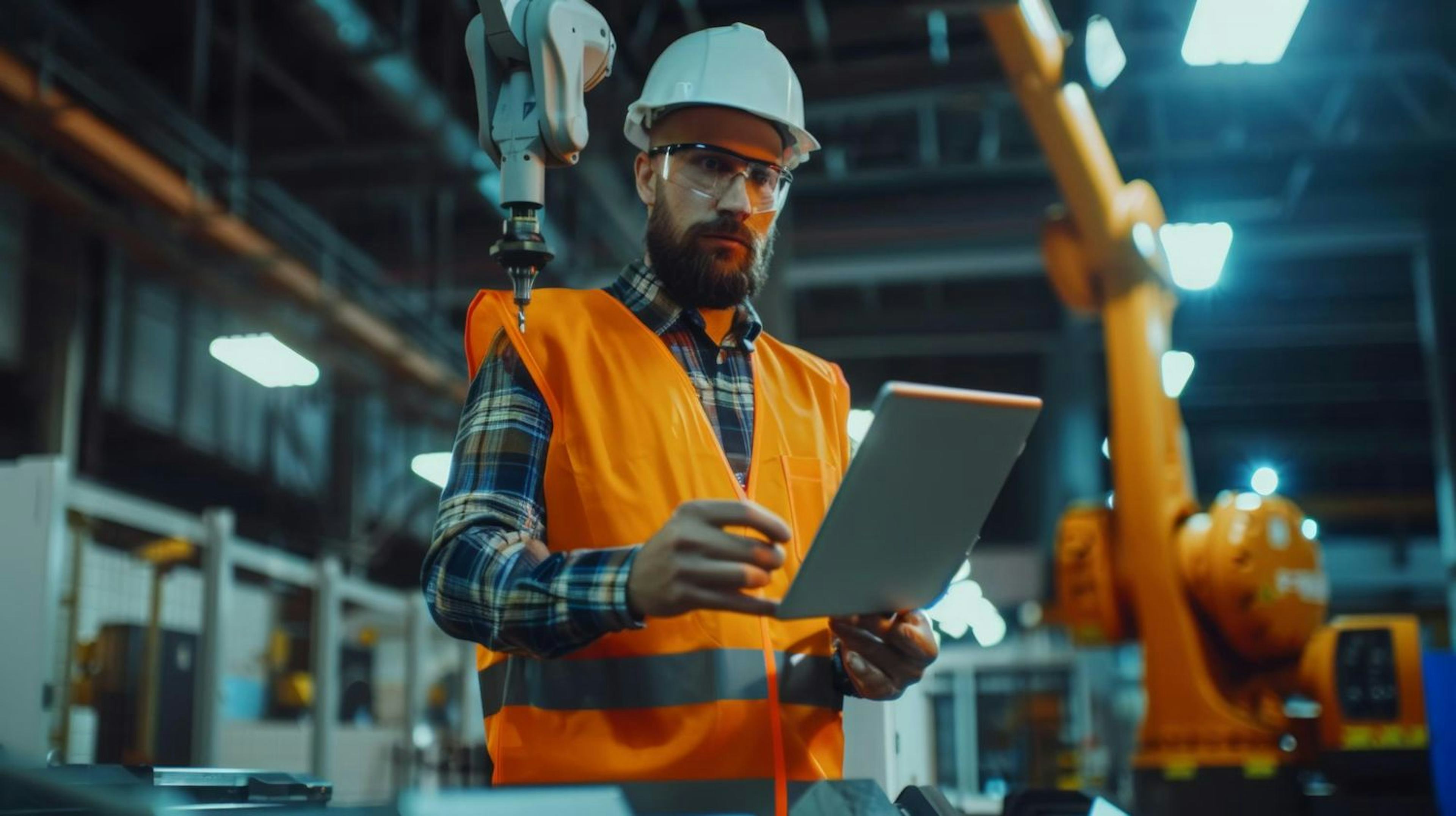 Professional Engineer In a Safety Vest and Hardhat Programming by Industrial Digital Tablet