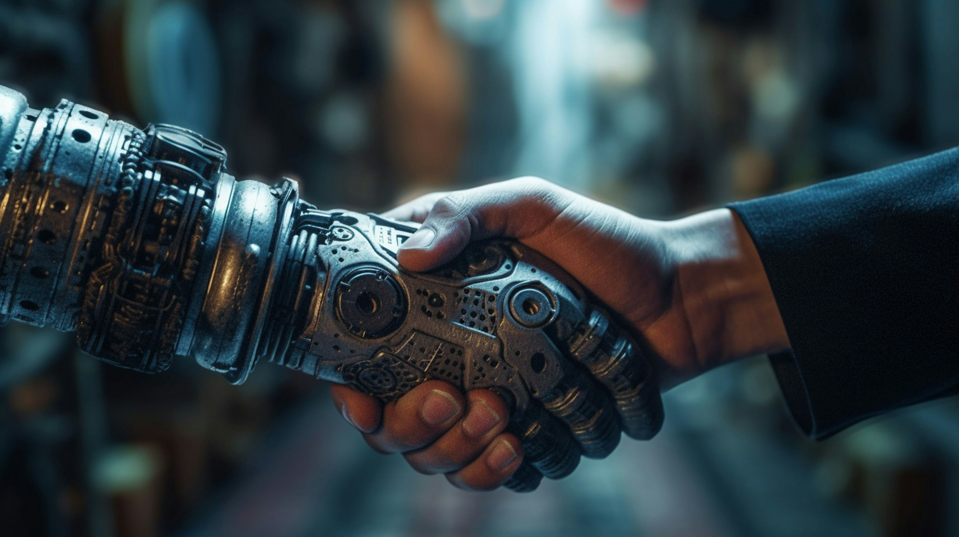 close up of robot and human handshake