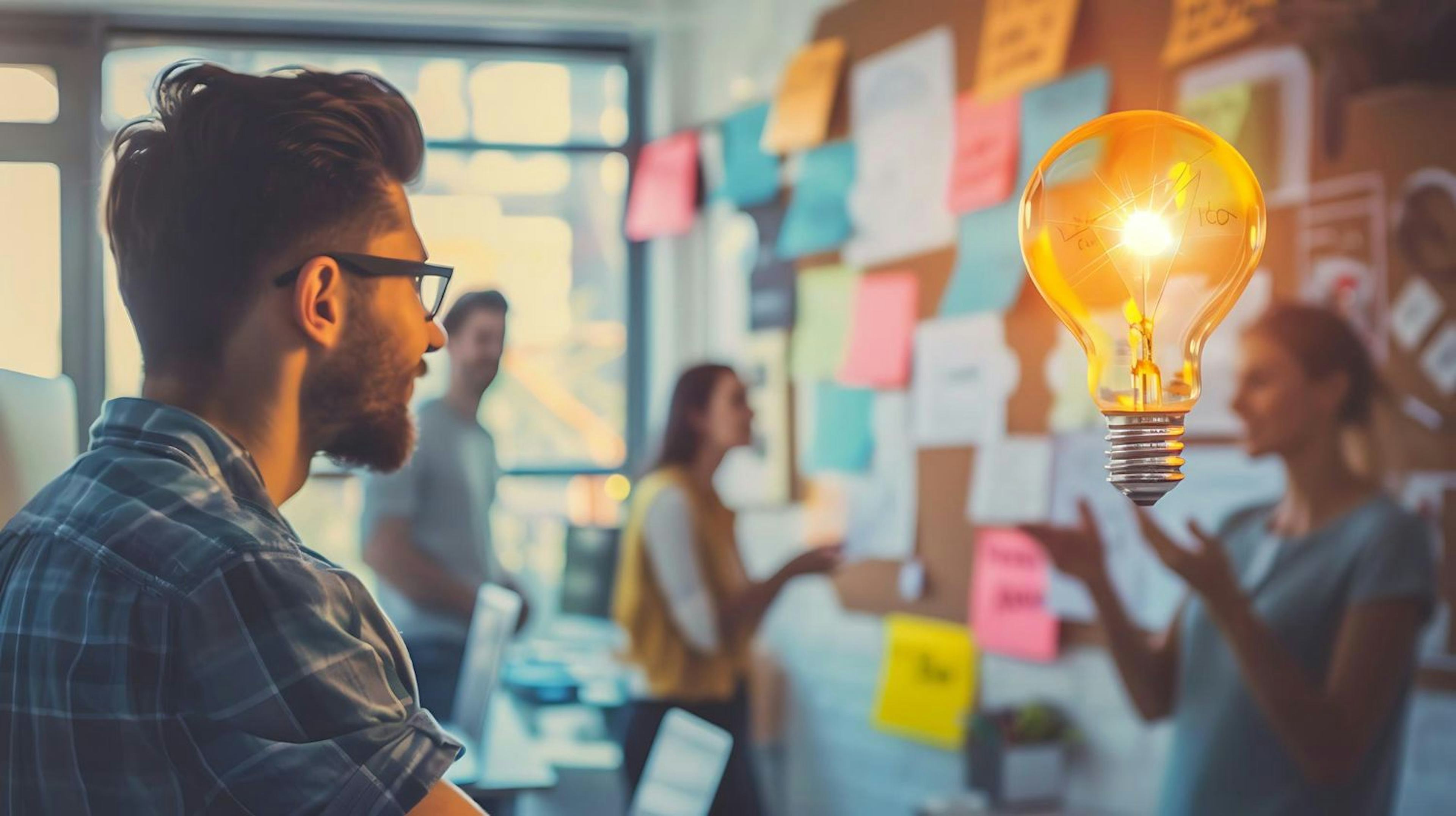 Businessman with a light bulb idea in a modern office