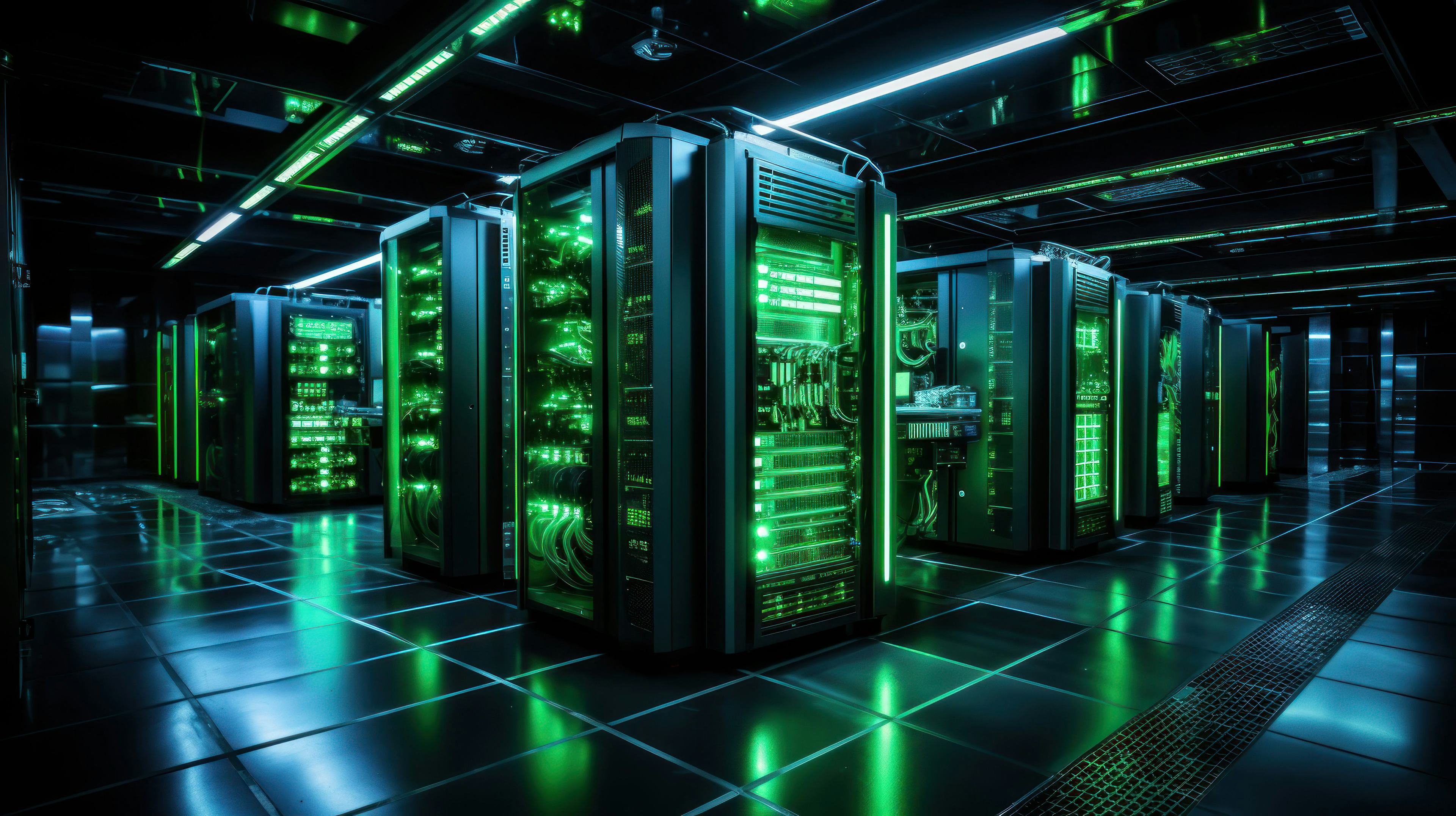 A server room with green lights