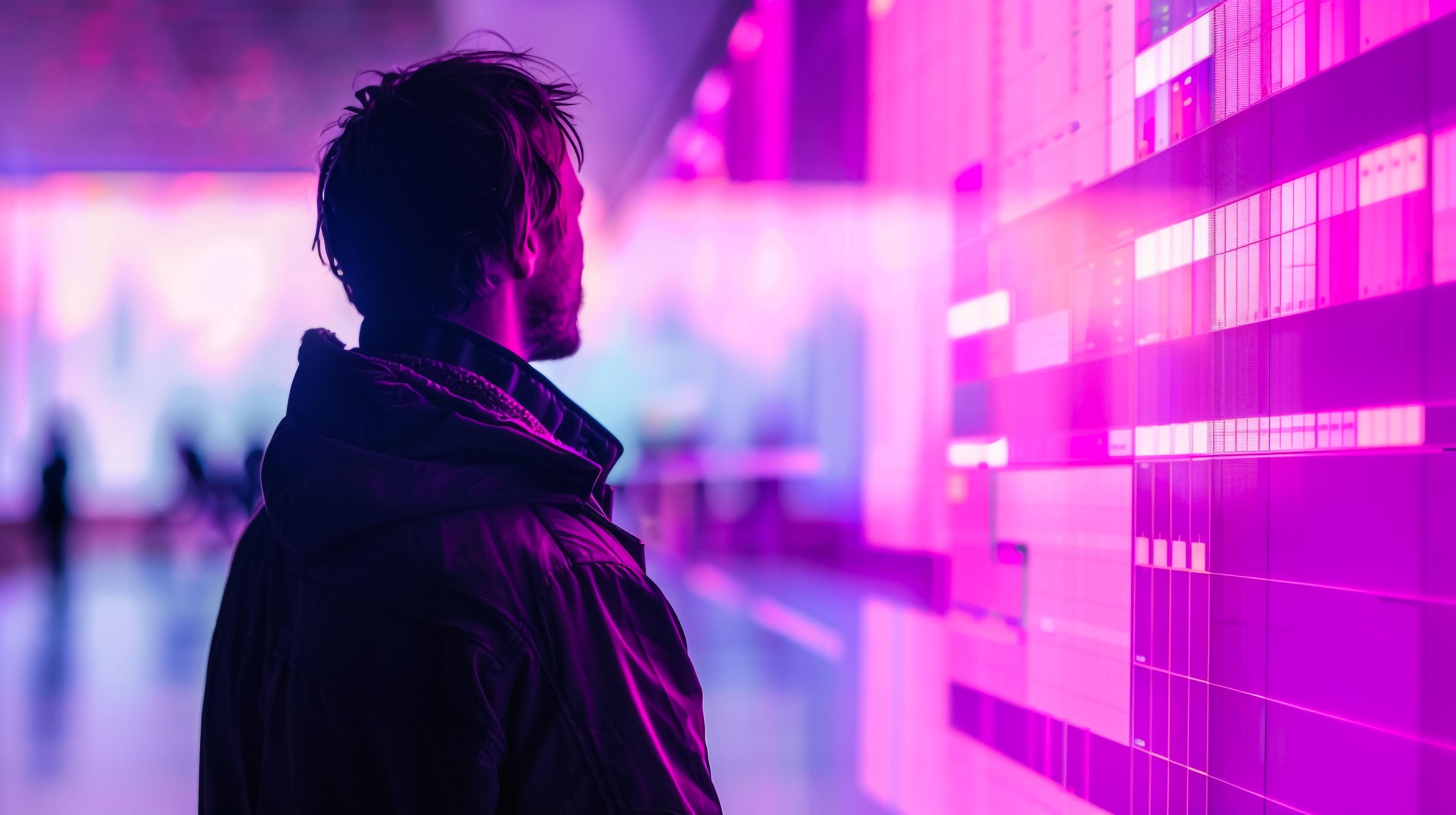 man standing in front of visualization of decentralized systems