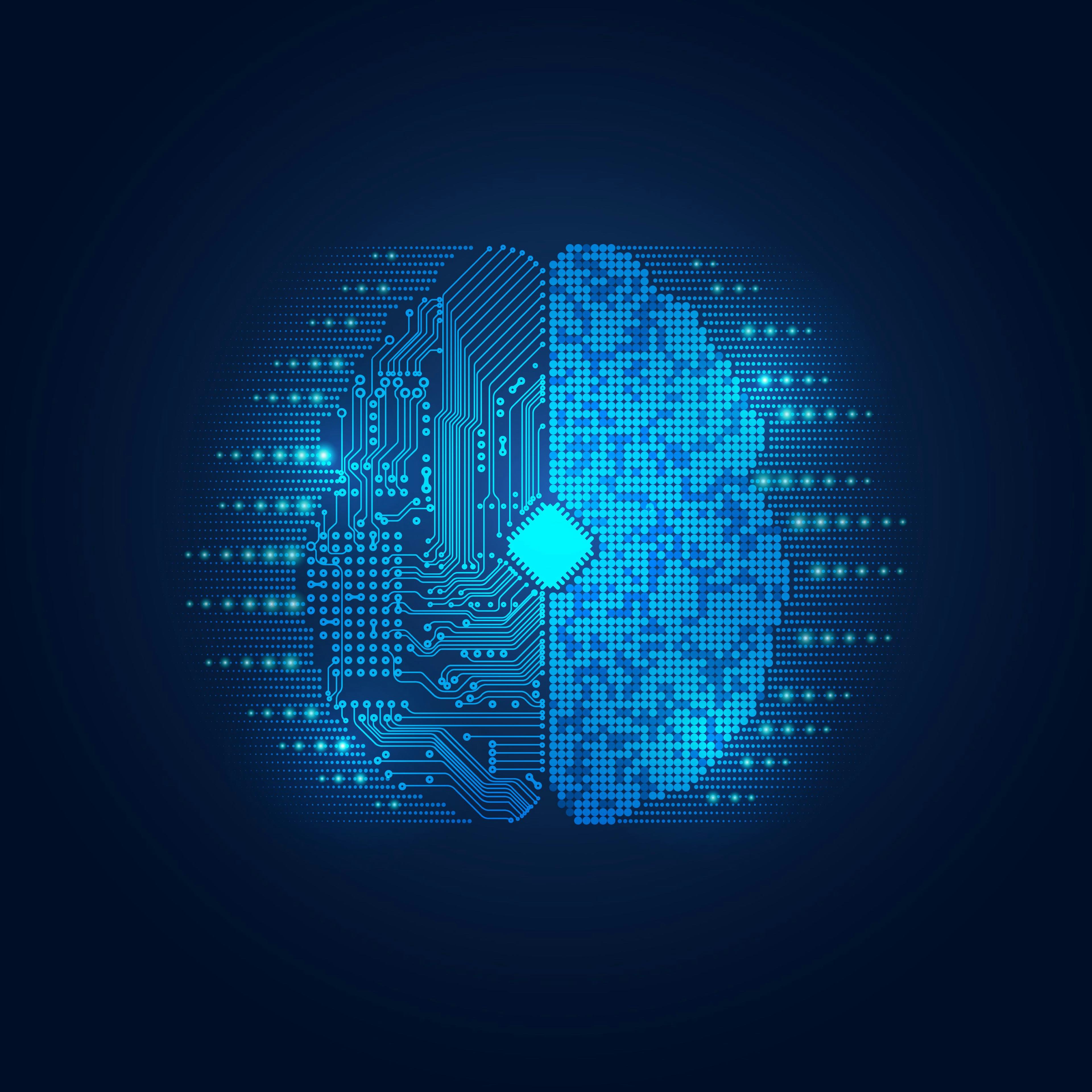 digital brain with blue coloring and glowing blue dots