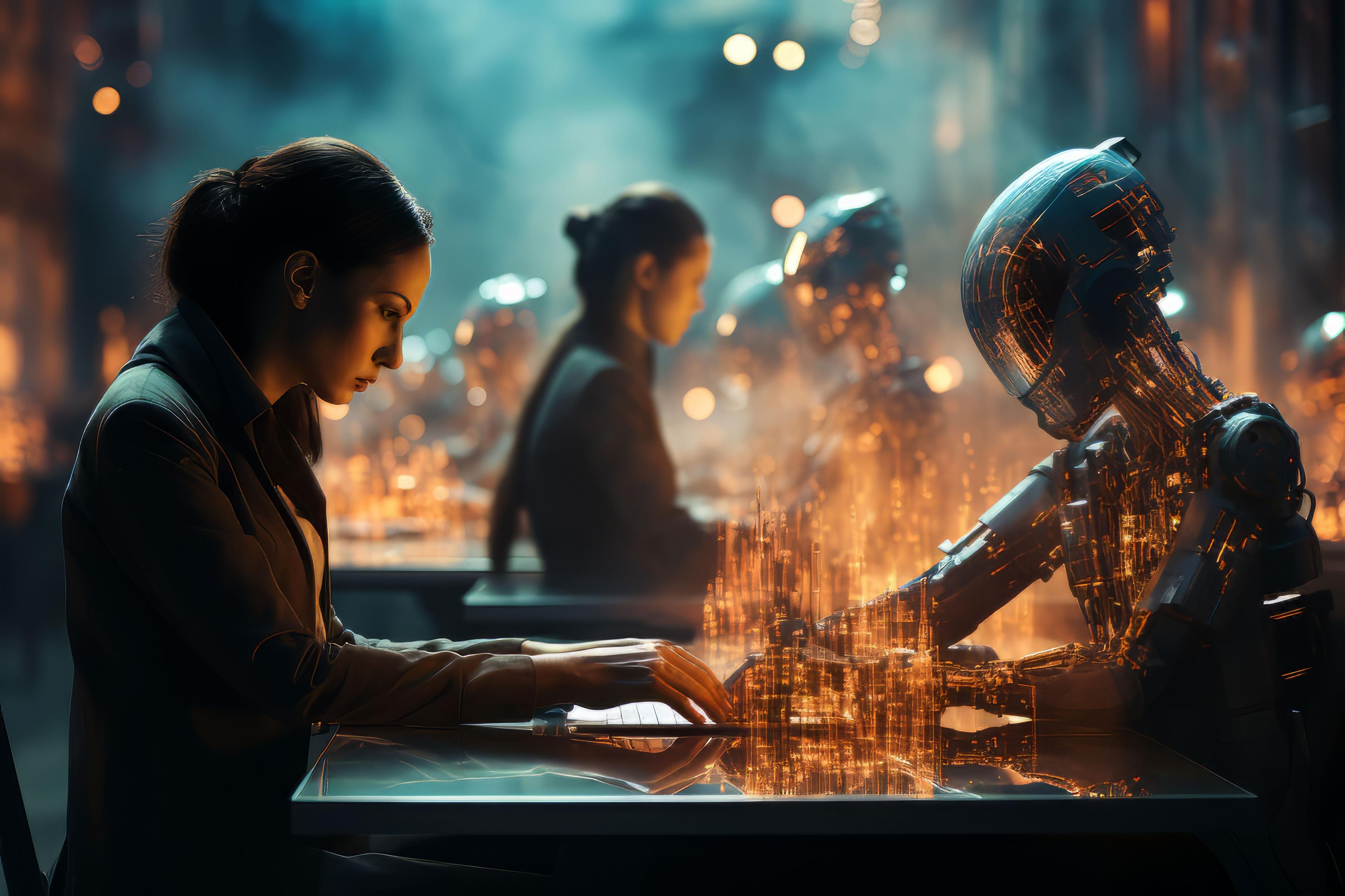 A man using laptop across from a robot in a futuristic setting