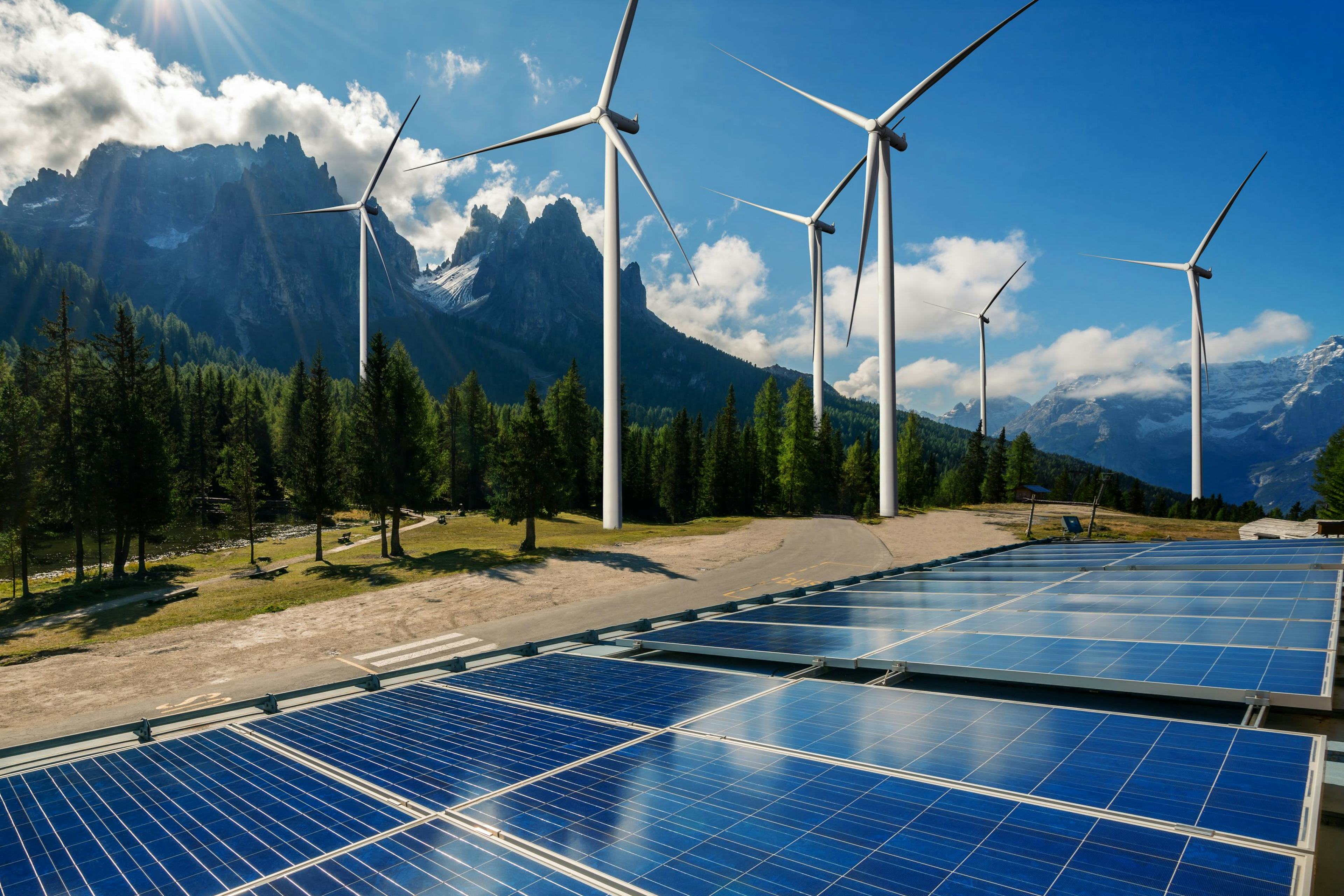 Solar panels grid and wind turbines