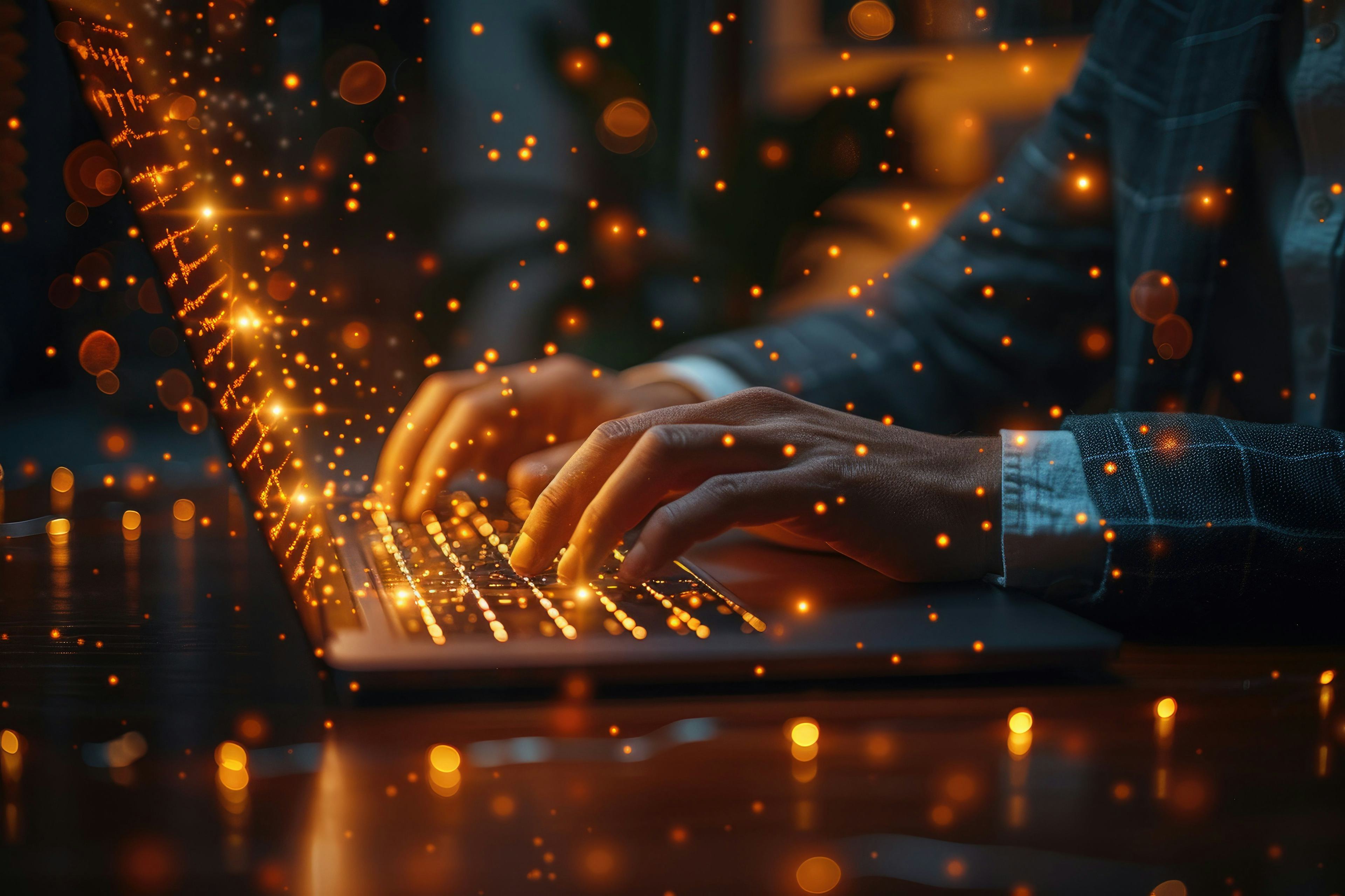 typing on keyboard with overlay of glowing orange graphics