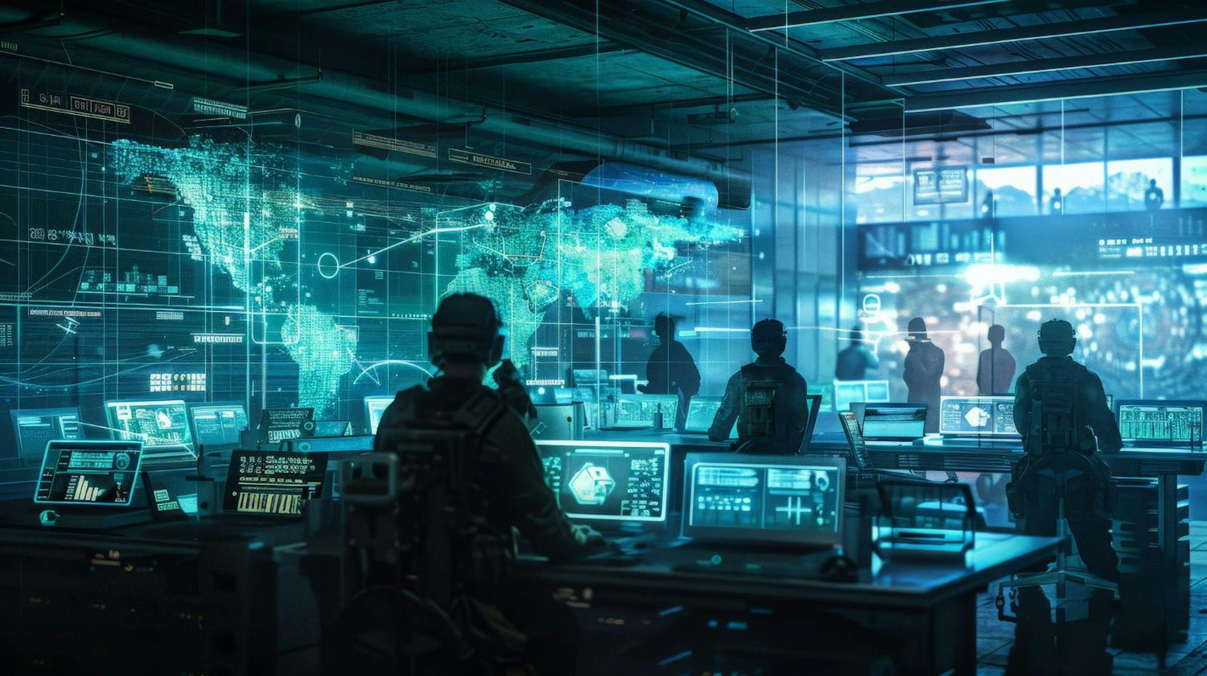 Futuristic combat scene in a cyber warfare operations center with analysts