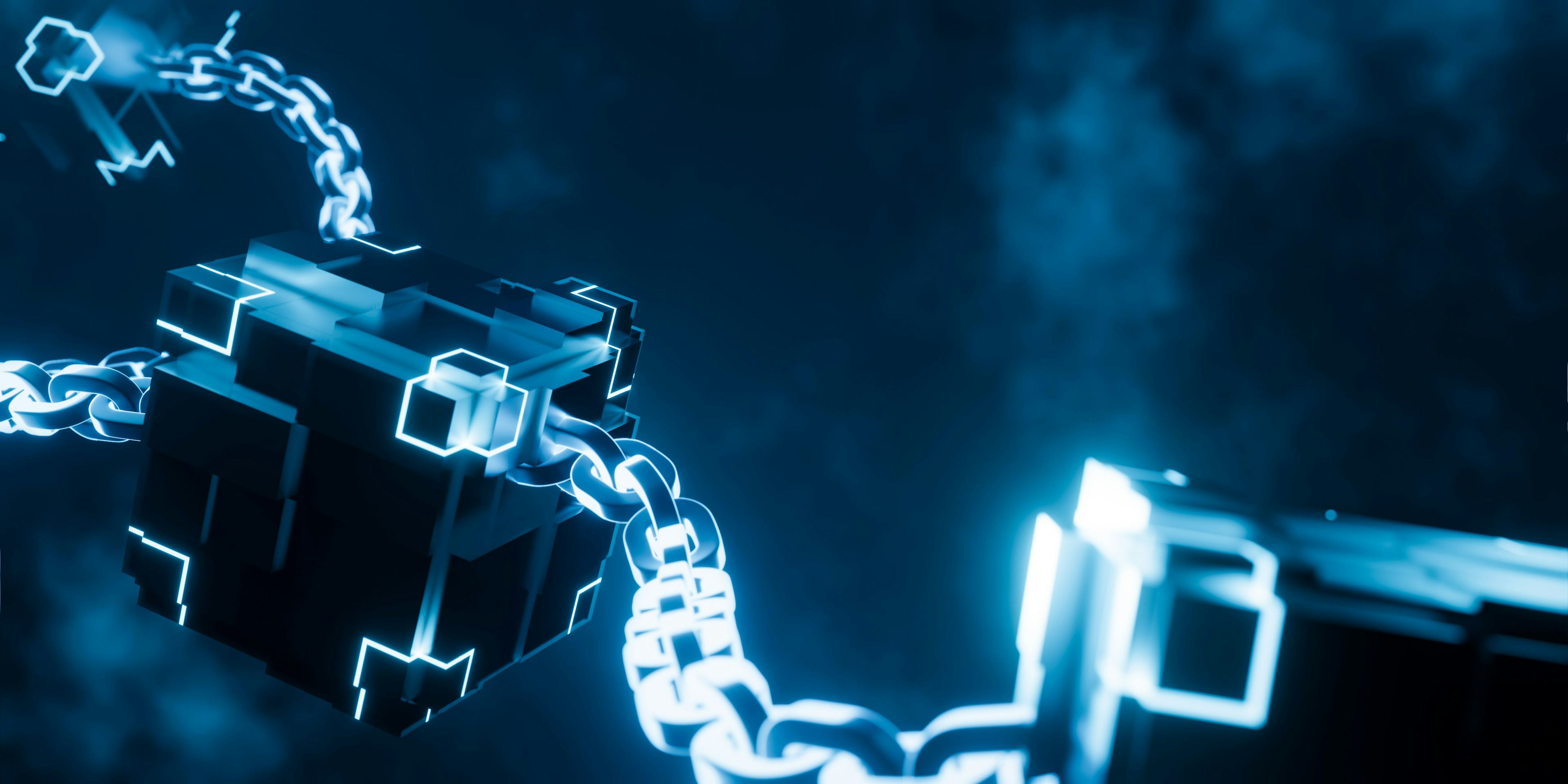 block attached to blue glowing chain