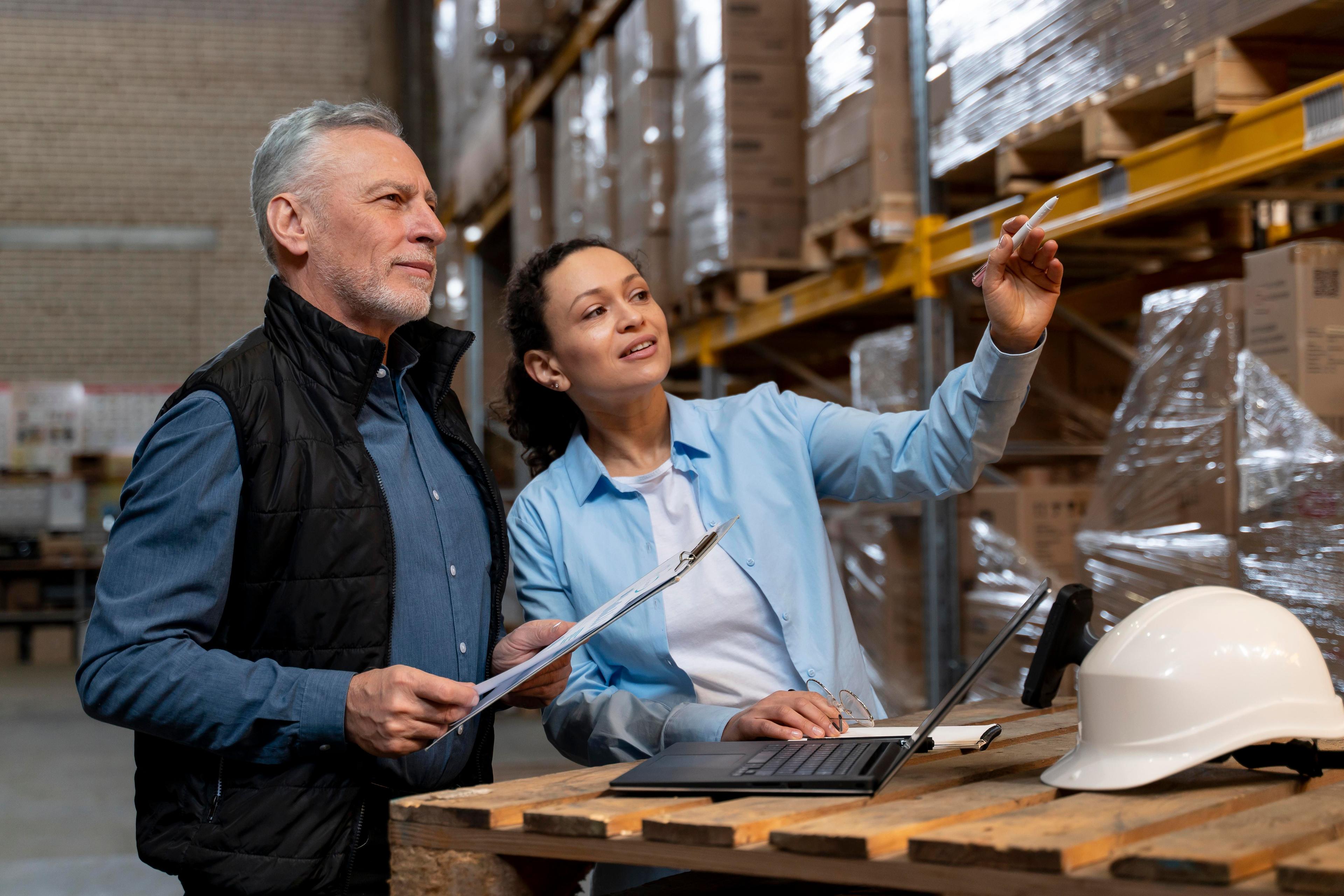 two people assessing packaged supplies on large shelves