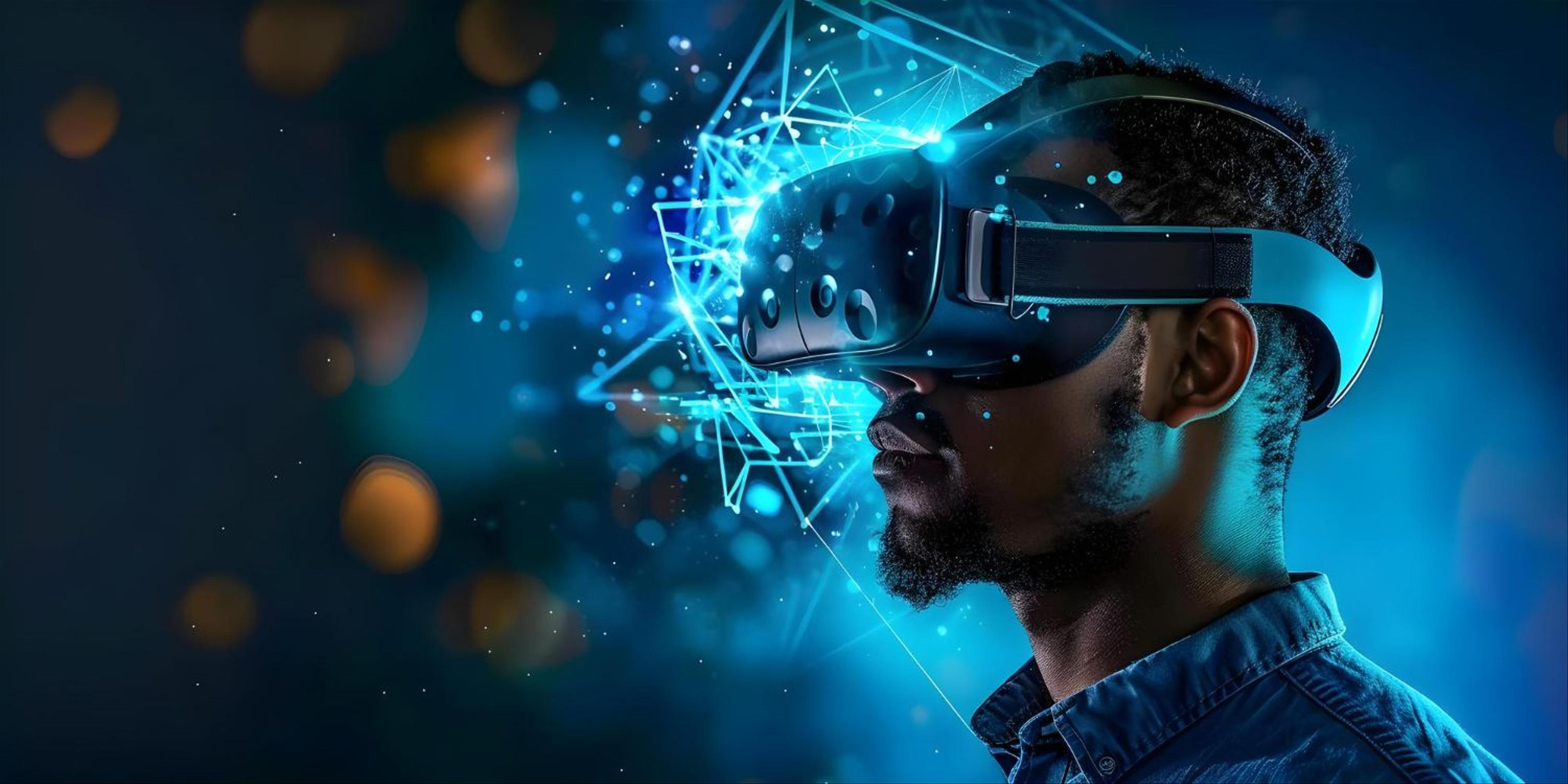 Man wearing virtual reality headset immersed in digital world