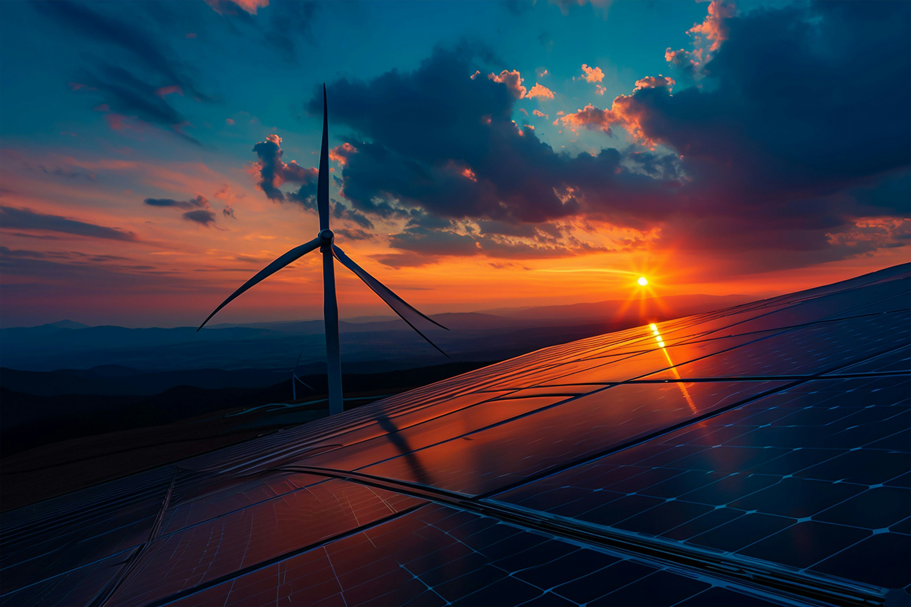 wind turbine and solar panels with a sunset backdrop