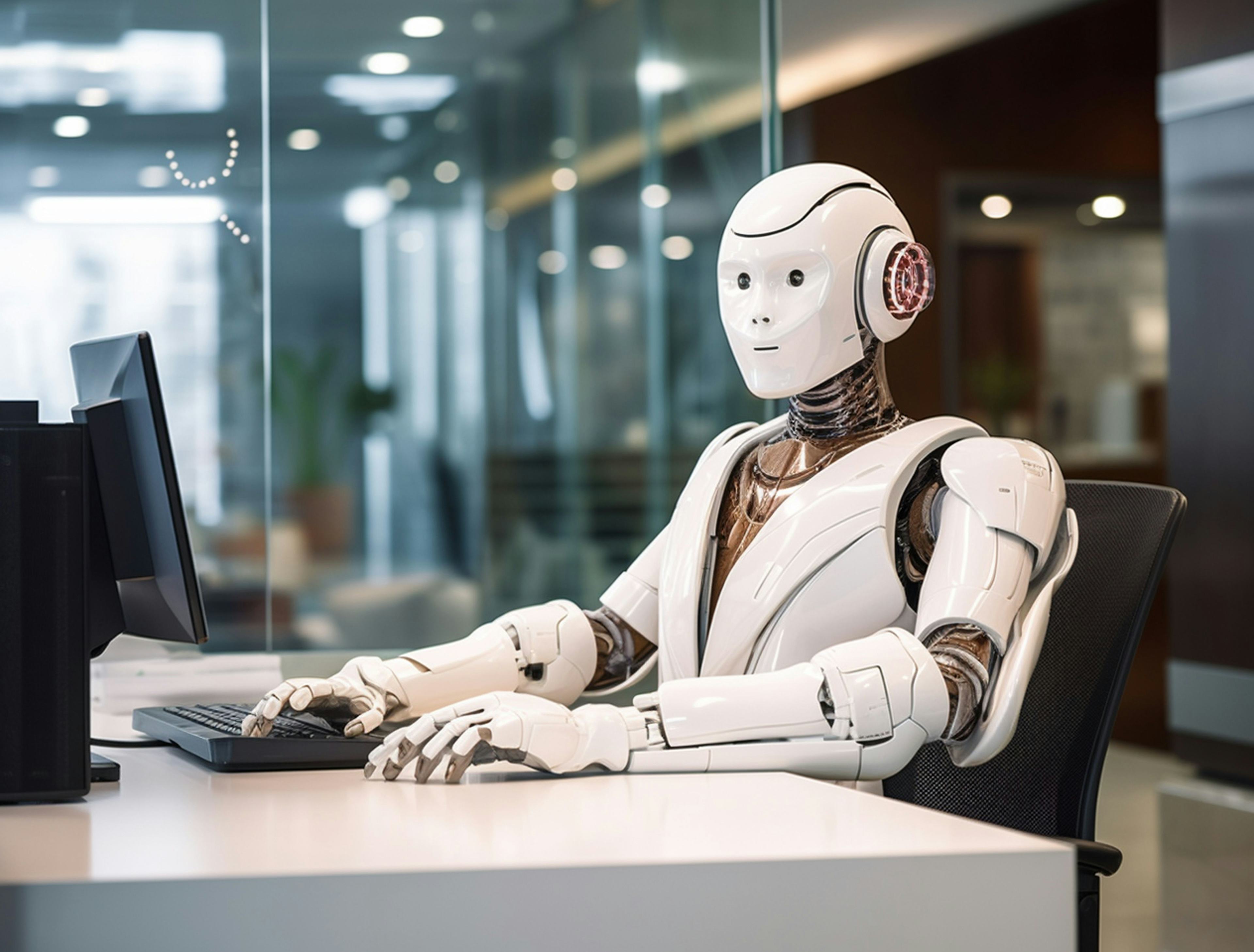 robot performing software development job at office computer