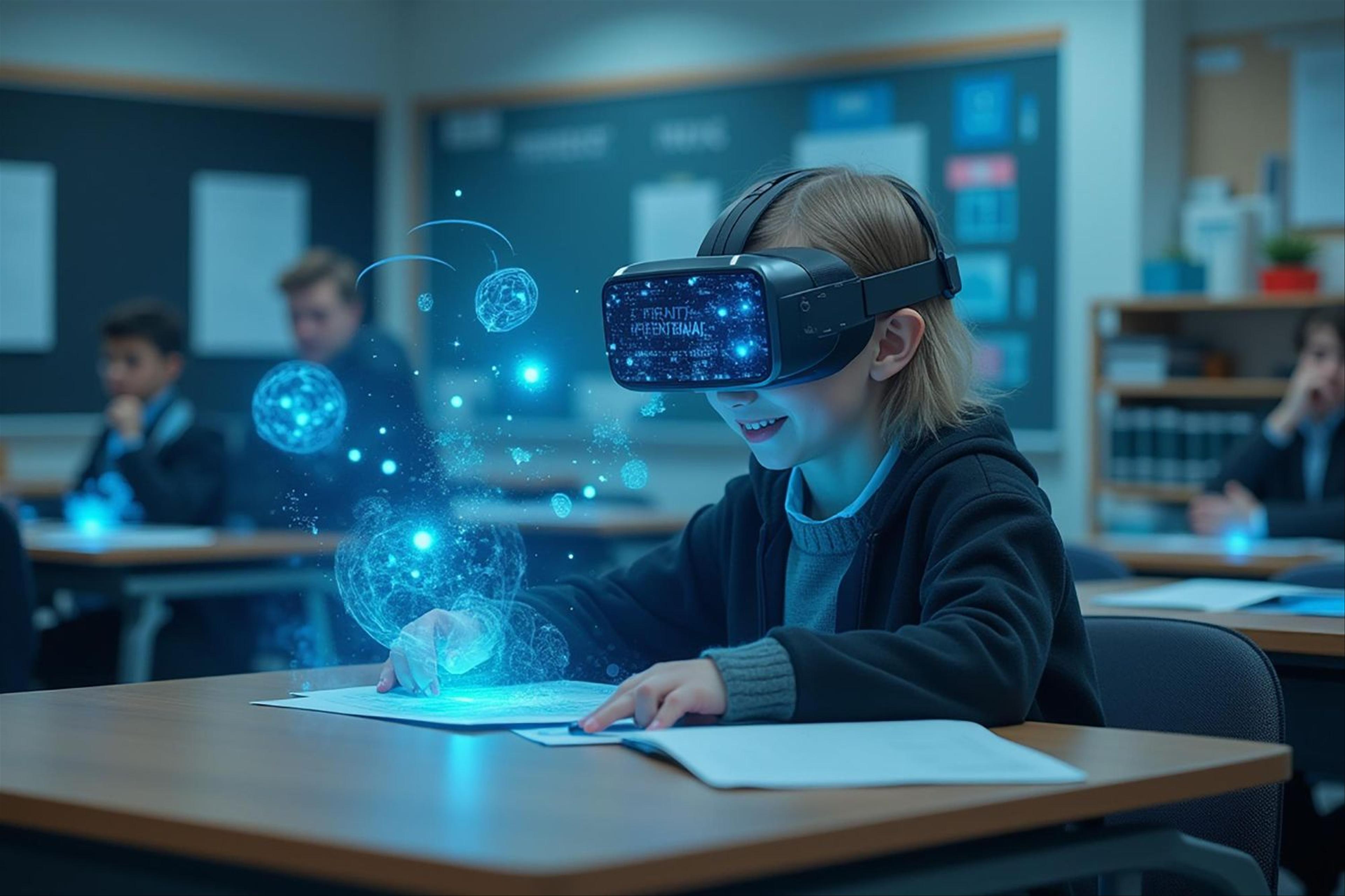 Woman using VR headset with holographic globe in futuristic setting