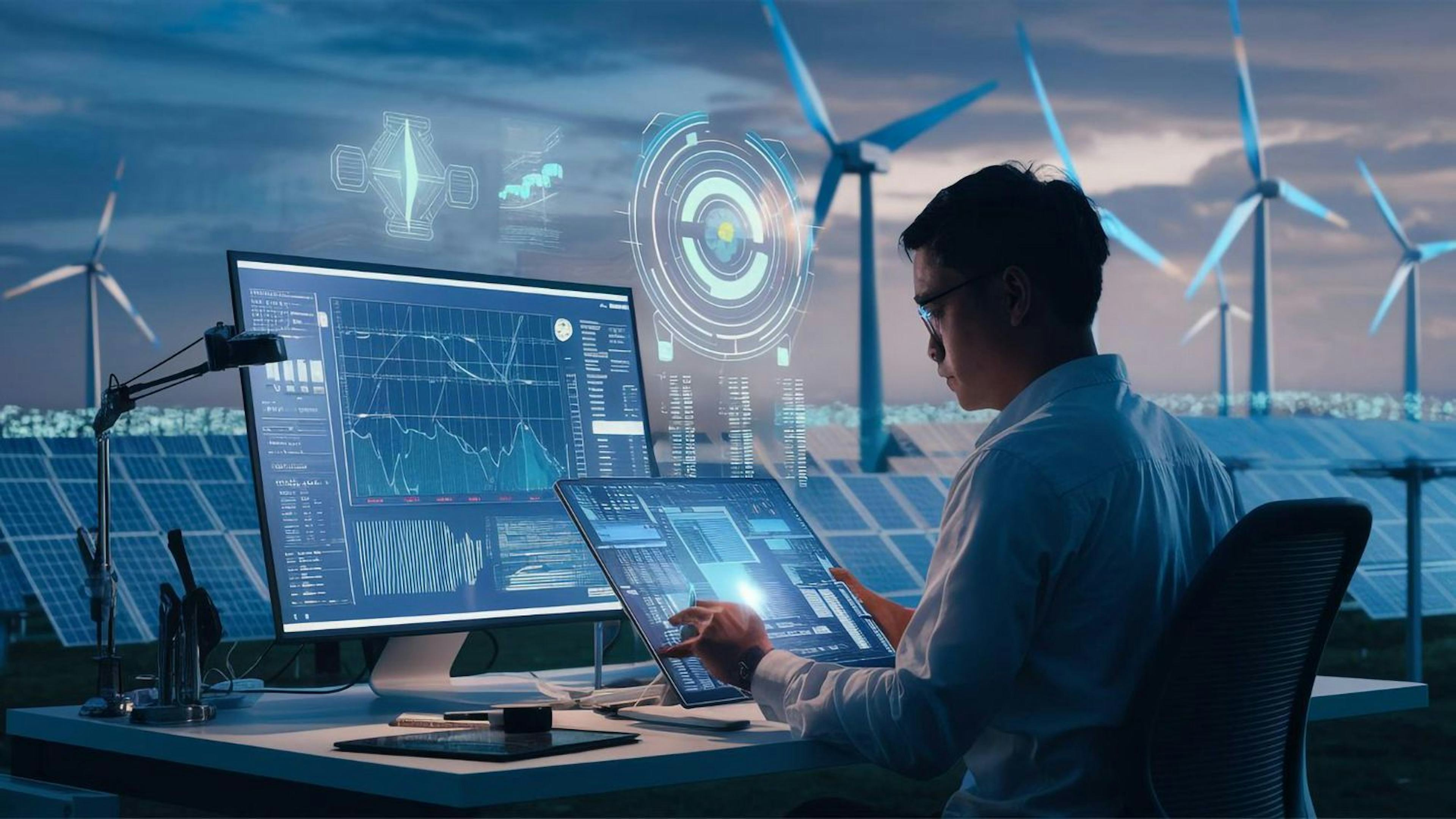 A man working on a computer with a computer screen and a wind turbine in the background