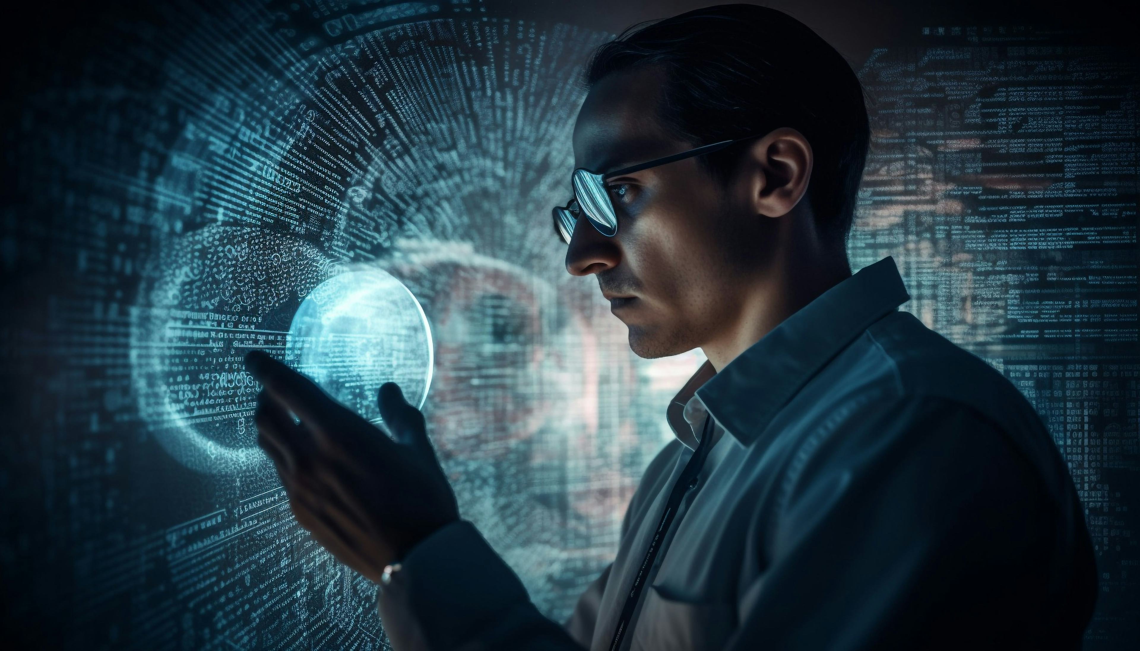 man holding orb with reflections and overlay of code