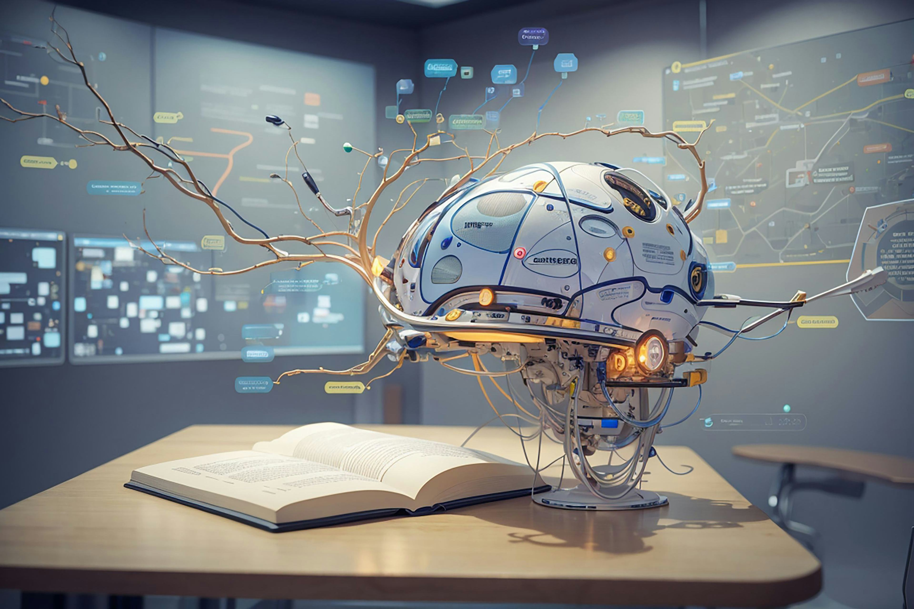 tech brain concept with open book in room with data on walls