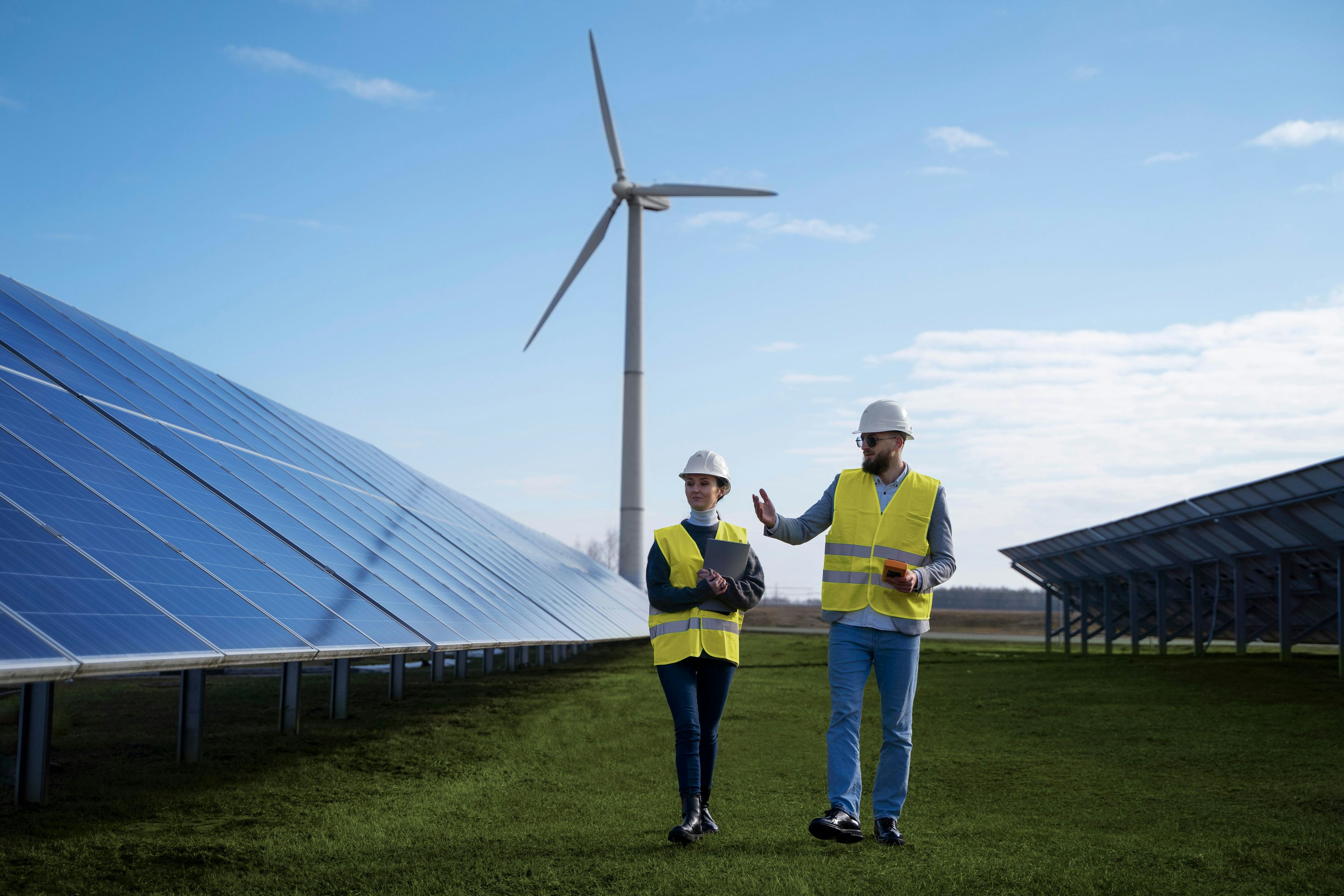 electric towers, wind turbines, car and house