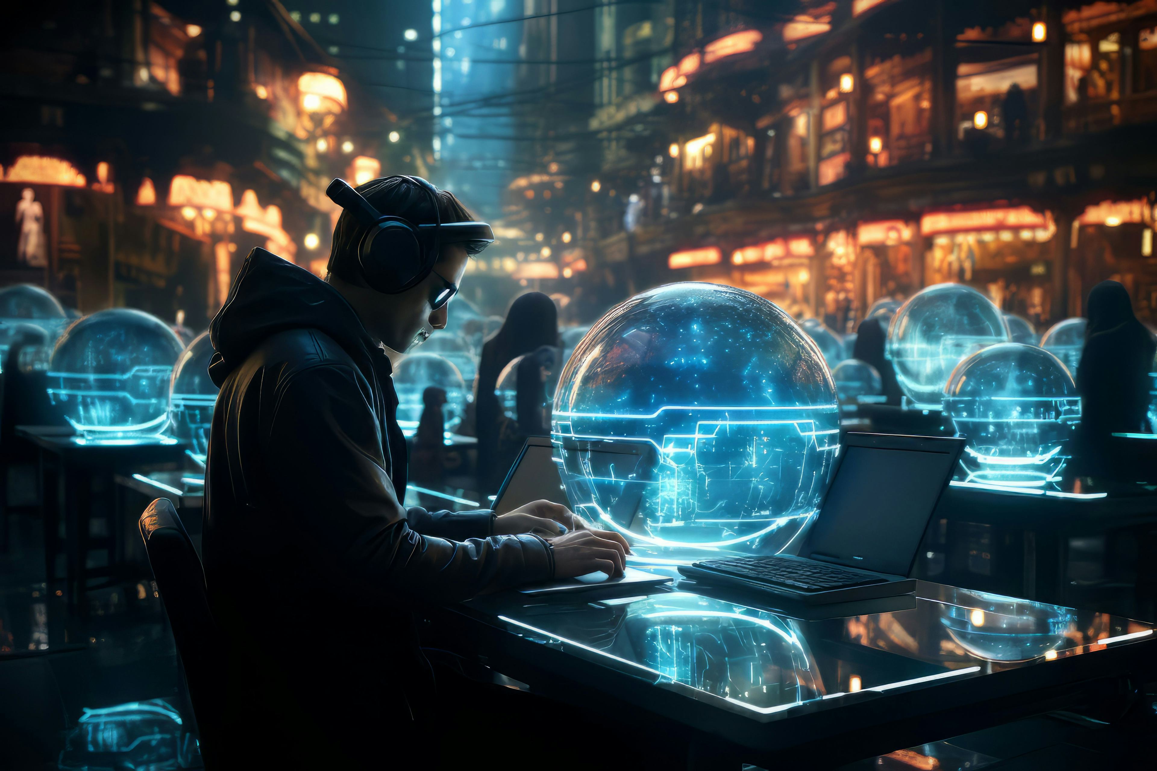 young man at laptop at desk surrounded by others on their own personal devices