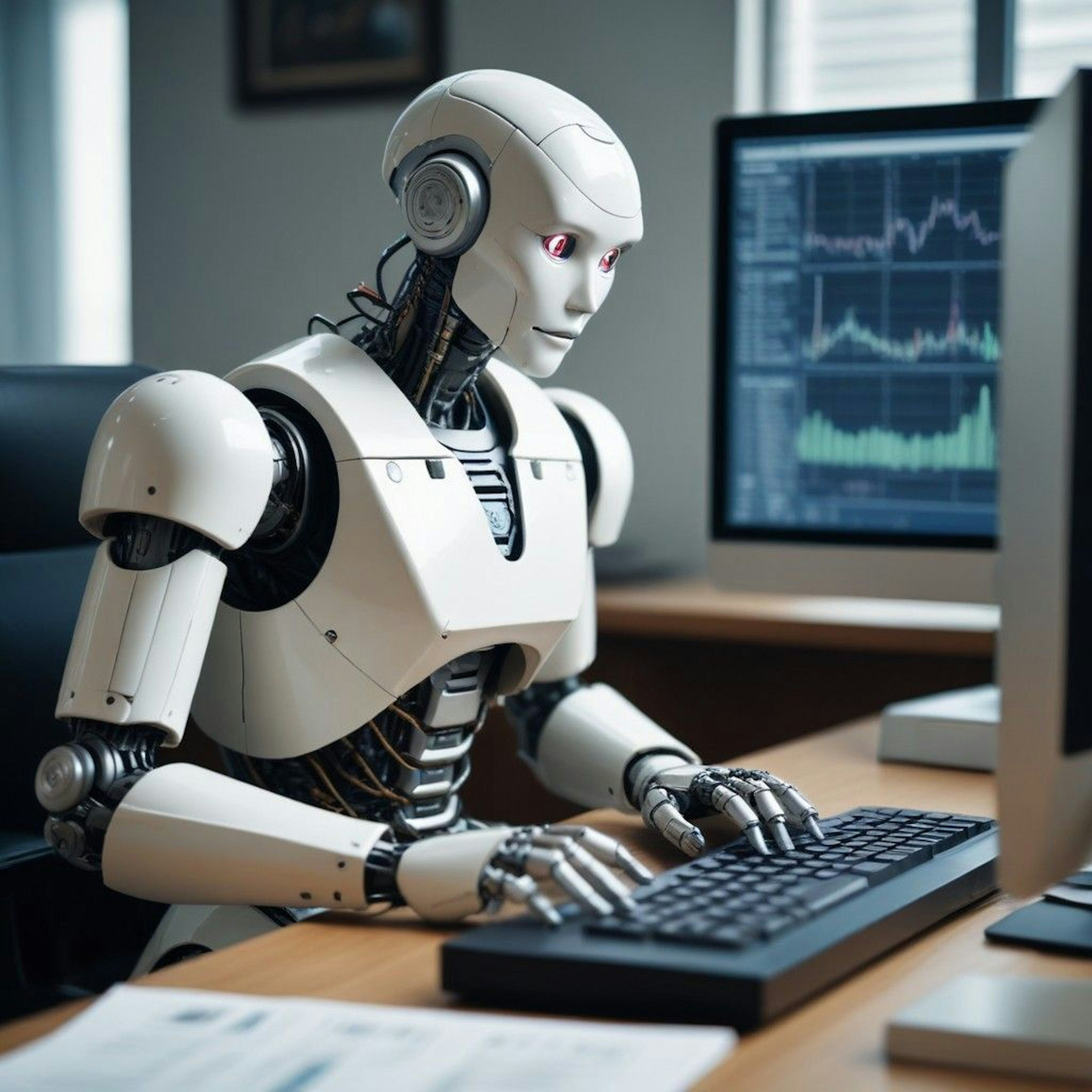 artificial intelligence robot working on computer with finances