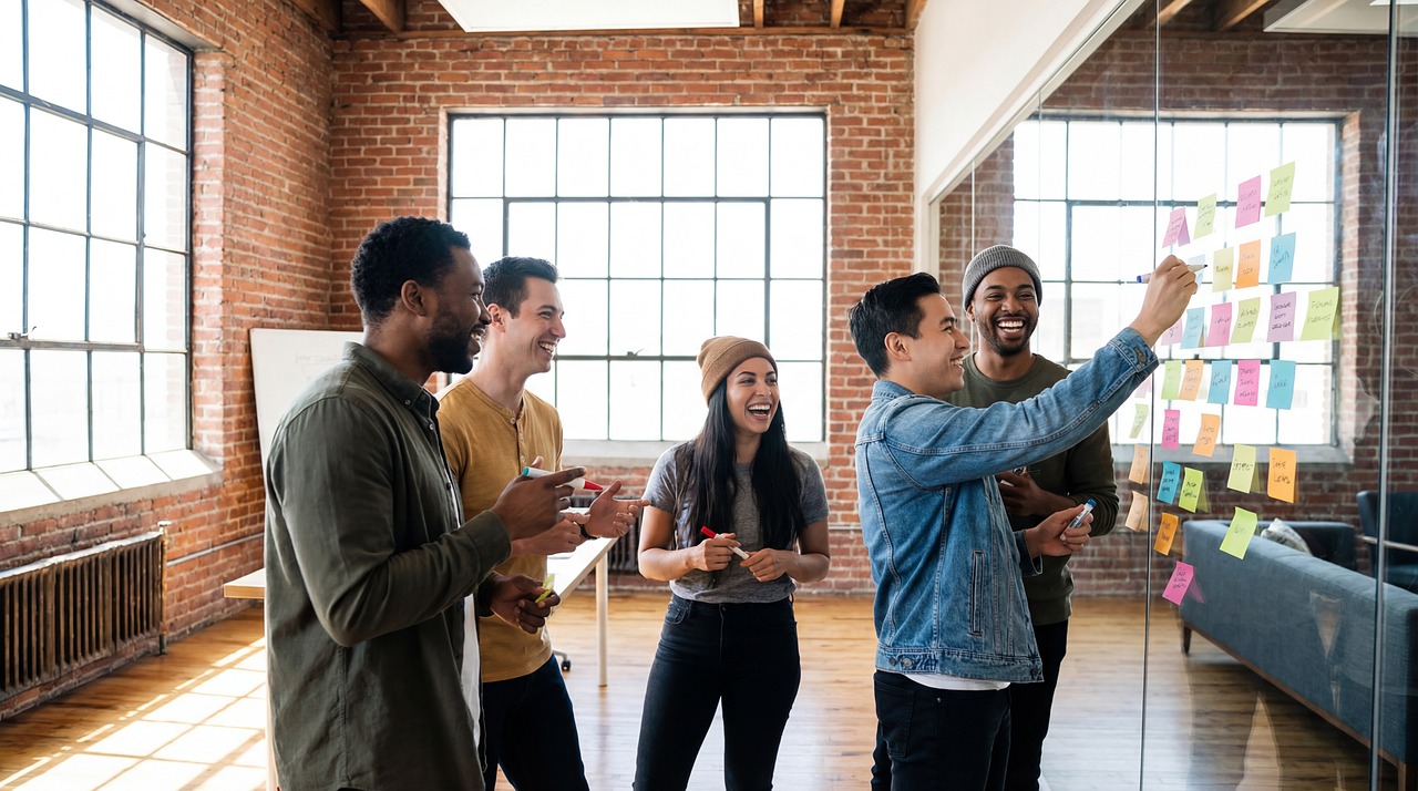 Diverse team brainstorming with sticky notes in modern office